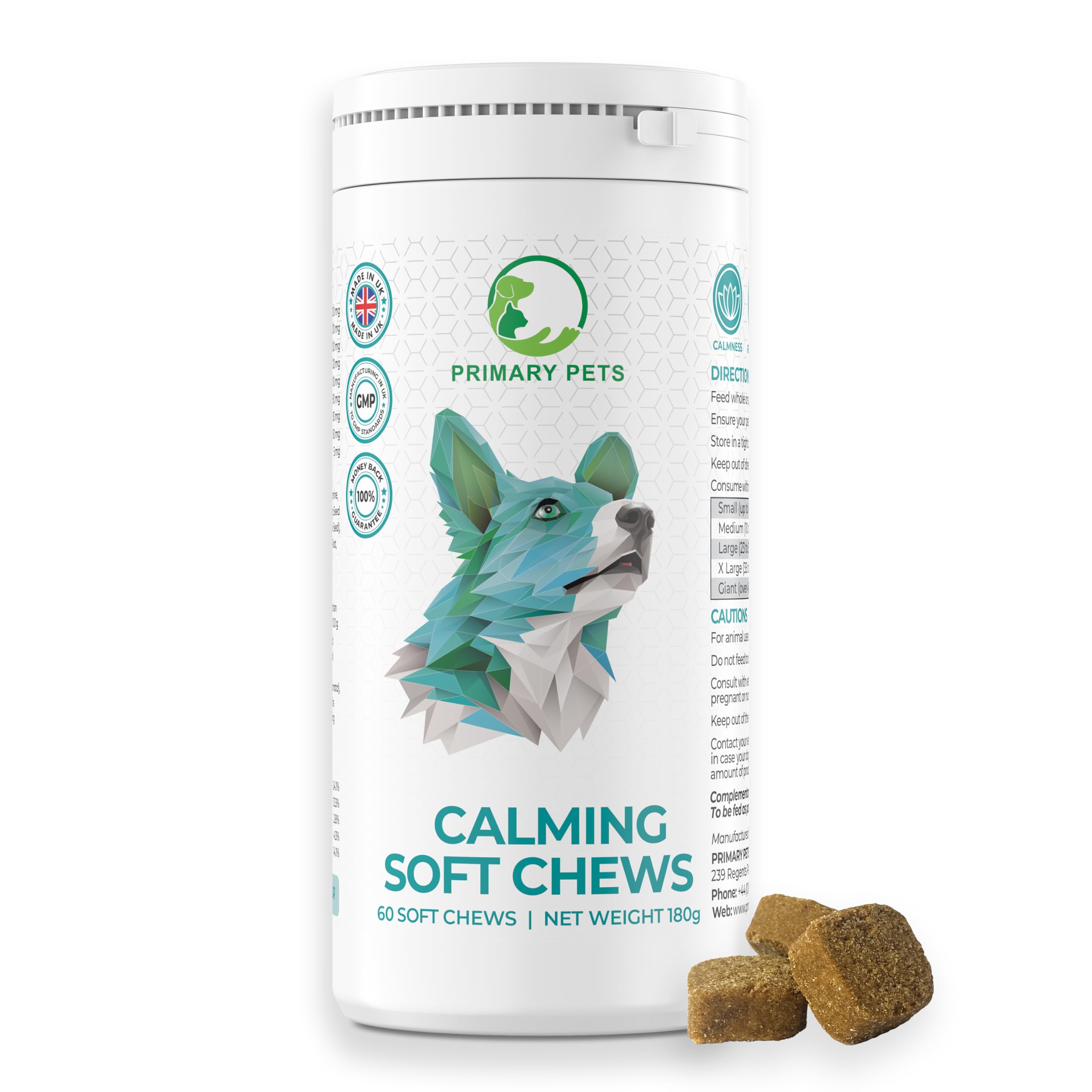 Primary Pets Premium Pet Supplies Calming Treats for Dogs, for Dog Barking, Anxiety, Stress, Fear, Hyperactivity, Aggression, Travel Anxiety, 60 Soft Chews