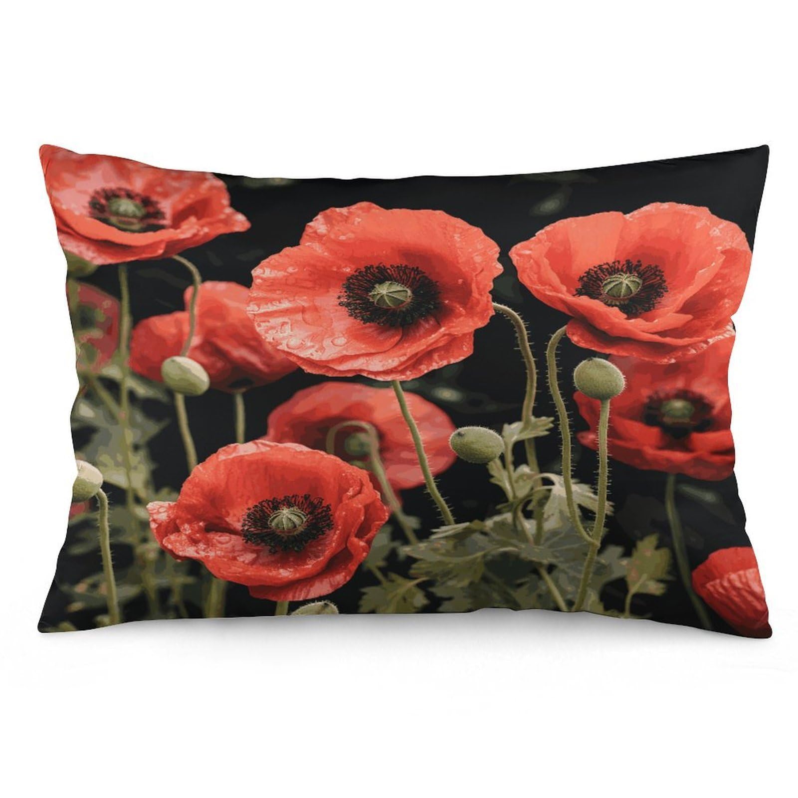 Red Poppy Flowers Leaves Throw Pillow Covers with Silent Zipper Polyester Pillow Protectors Removable Pillow Cases Soft Pillowcase Cozy Pillow Sham Cushion Cover for Sofa Car Bed 20"x30"