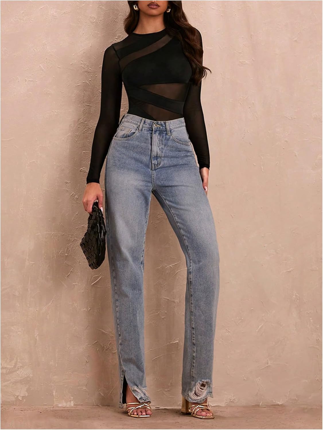 Milumia Women's Sexy Cut Out Sheer Mesh Long Sleeve Bodysuit Crew Neck Body Suits Going Out Bodysuit Tops - Image 4