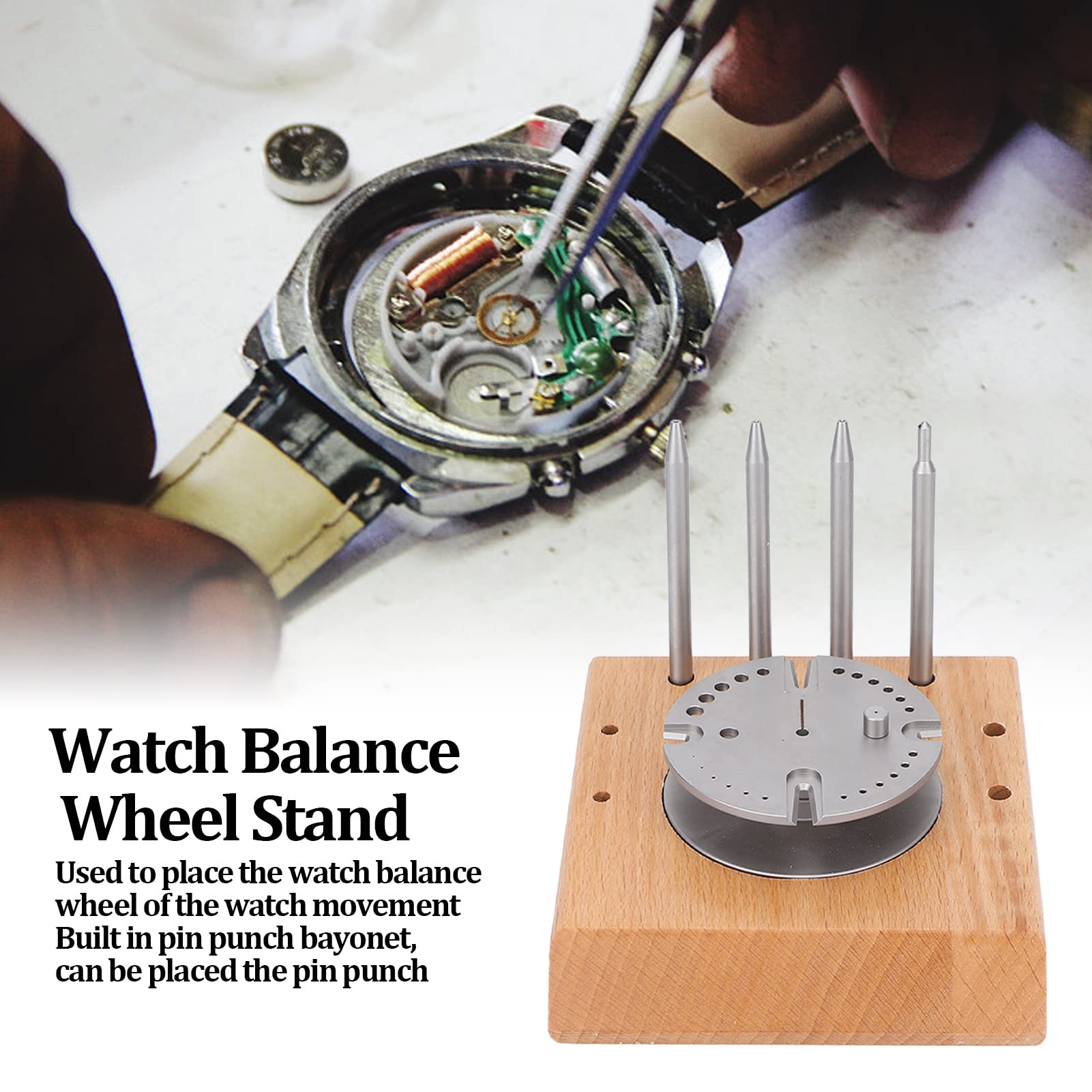 Supporto per bilanciere per orologi, robusto supporto per bilanciere con movimento dell'orologio, base in legno, punzone a perno diverso per la riparazione di orologi per orologiaio