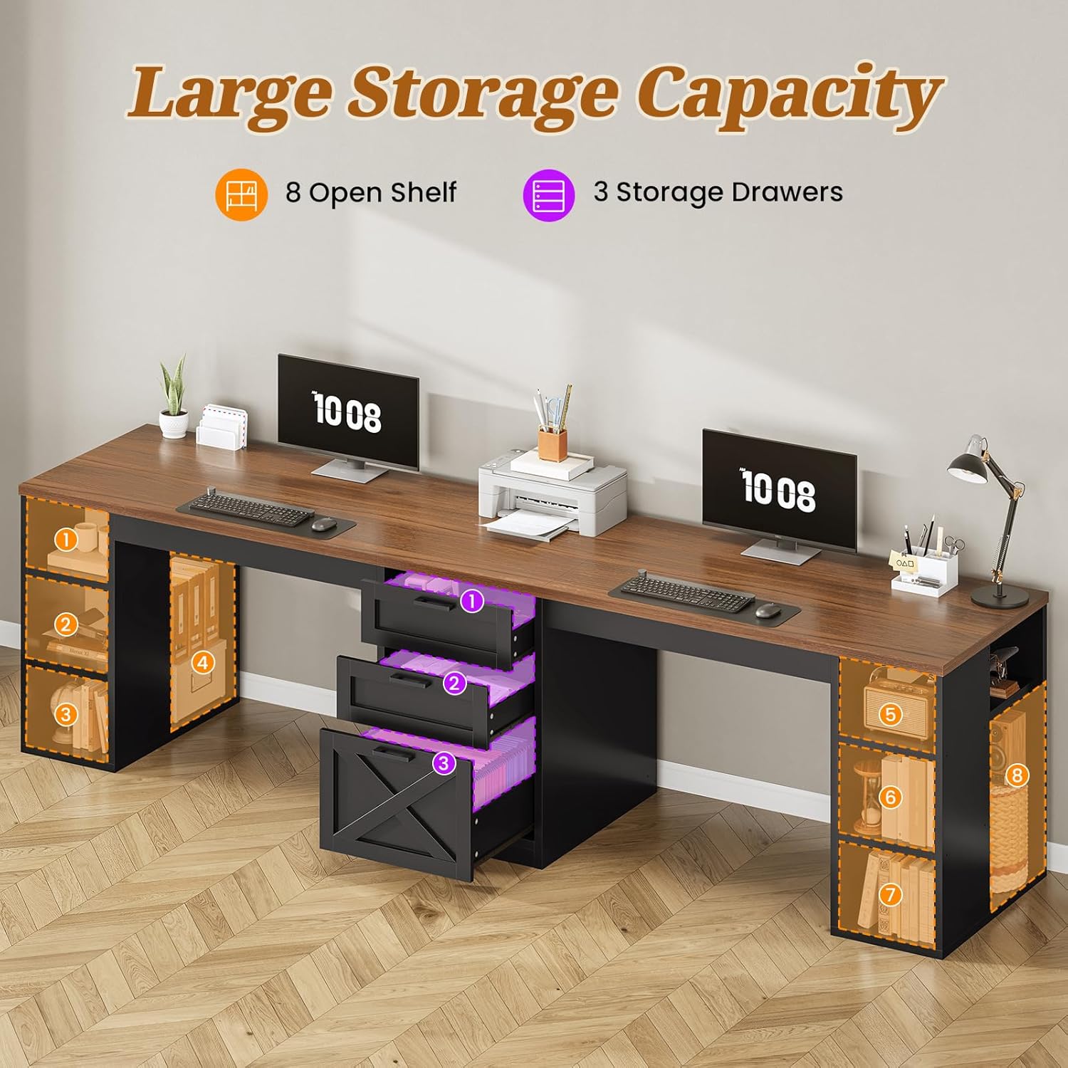 SEDETA Farmhouse 96.5" Office Desk with Drawers, 2 Person Gaming Desk with Storage, Double Computer Desk with Storage Drawers, Long Two Person Writing Desk, Black