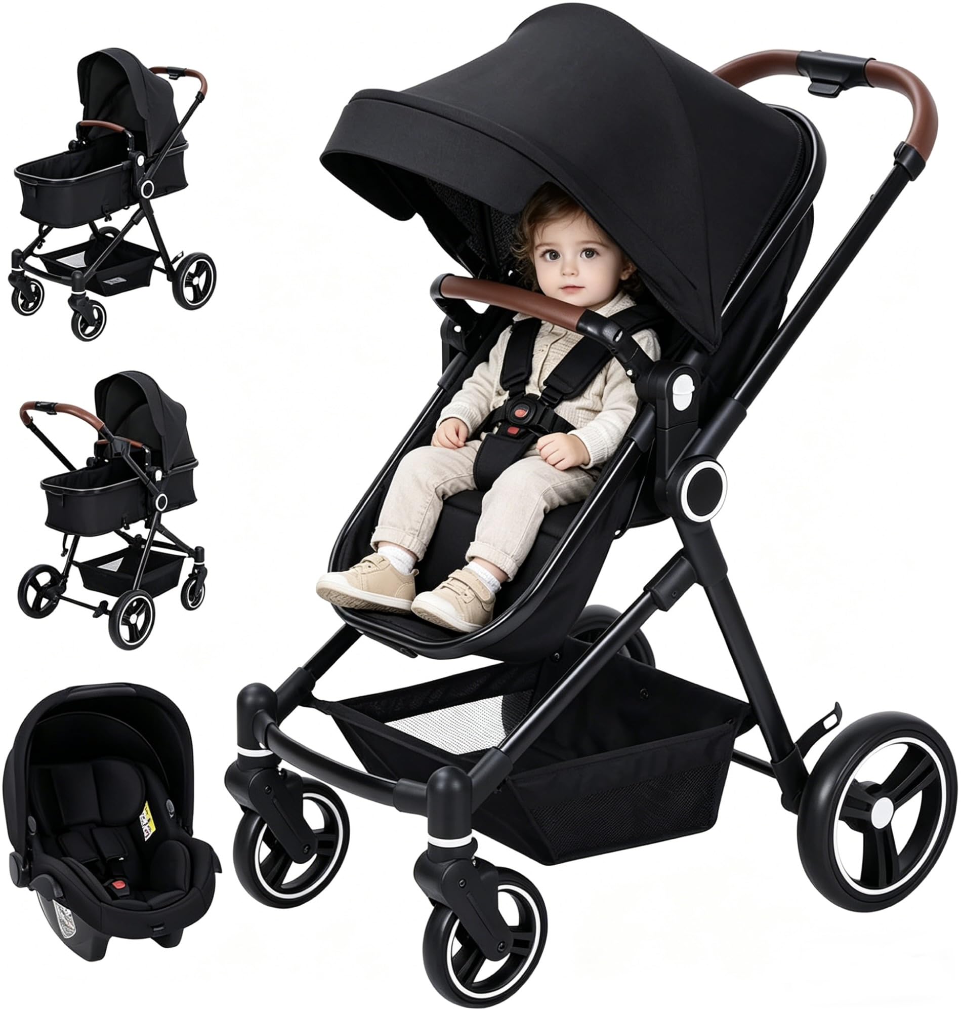 Poussette 3 en 1 Compacte avec Nacelle, Cosy et Siège Sport – Ensemble Évolutif de Naissance à 26 kg – Châssis Léger, Pliable pour Voyage en Cabine – Confort Tout Terrain, Noir