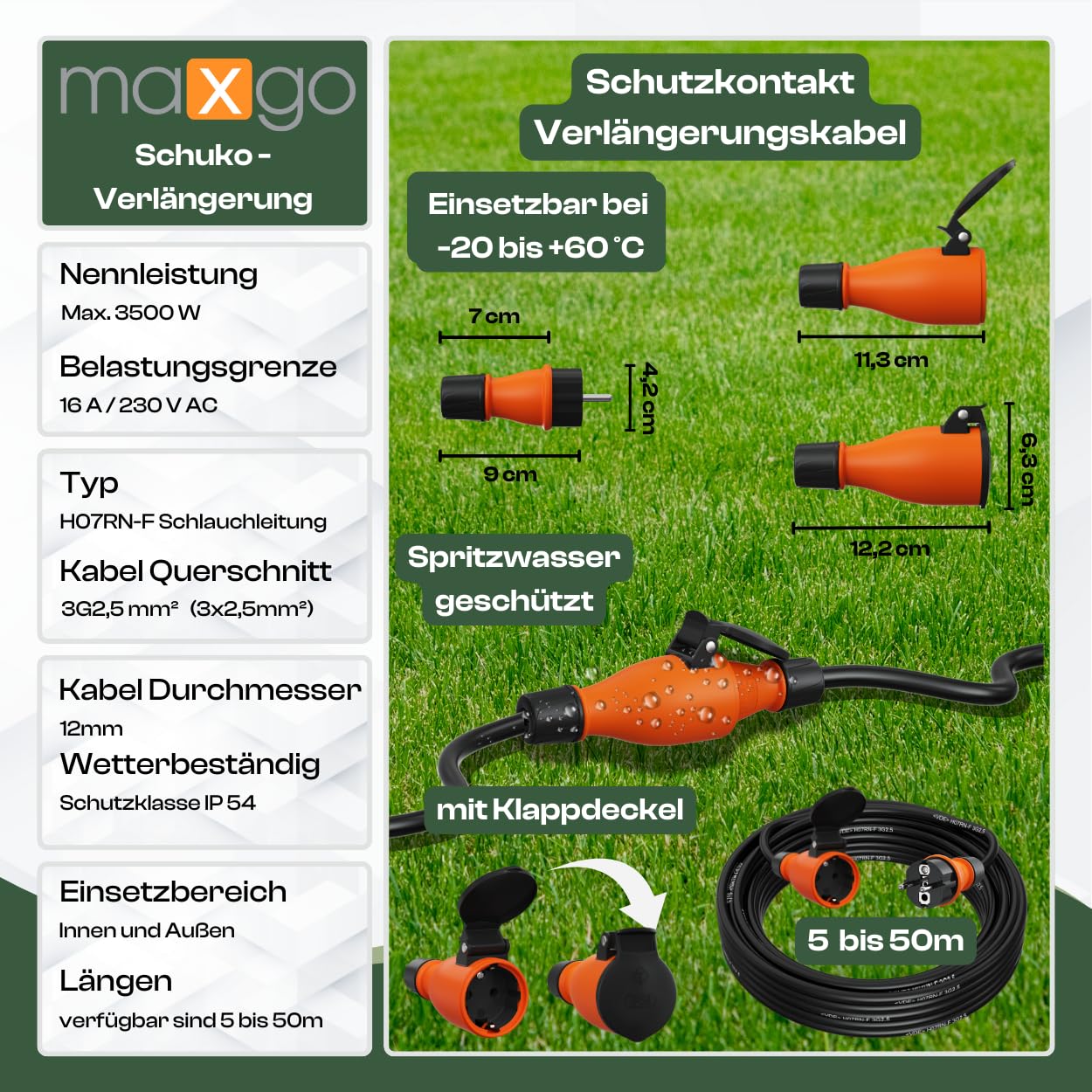 Verlängerungskabel 25 Meter IP54 Außen Verlängerung 25m Stromkabel Außenbereich Kabel Strom Verlaengerungskabel Gummikabel H07RN-F 3x2,5 Schuko Outdoor Extension Cord