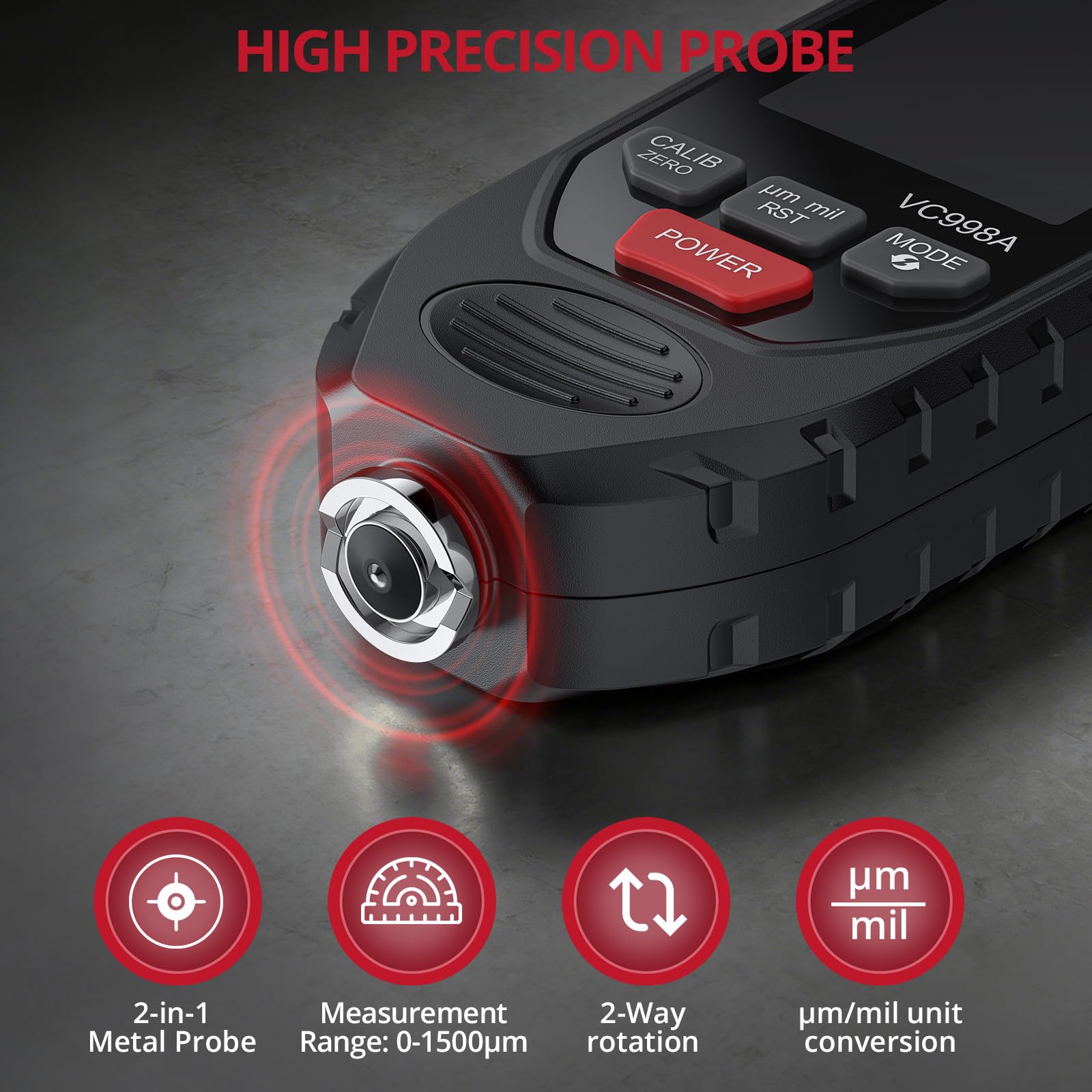 BINTA Medidor de Espesor Digital Medidor de Pintura para Automóviles Pantalla LCD de 0-1500 μm para Hierro y Aluminio