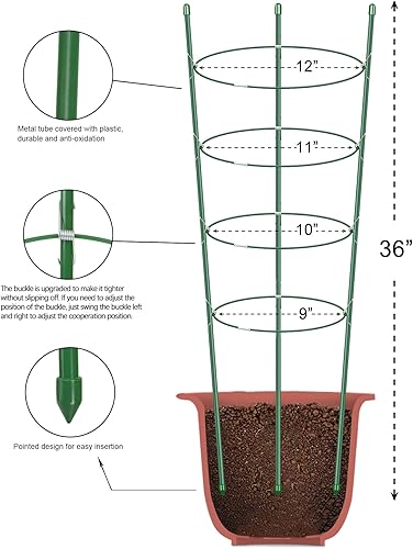 Miniatura 3 de Alliico Jaulas de soporte para plantas trepadoras, jaula de tomate con estacas de soporte y anillos de soporte estables, paquete de 3 con 12 clips