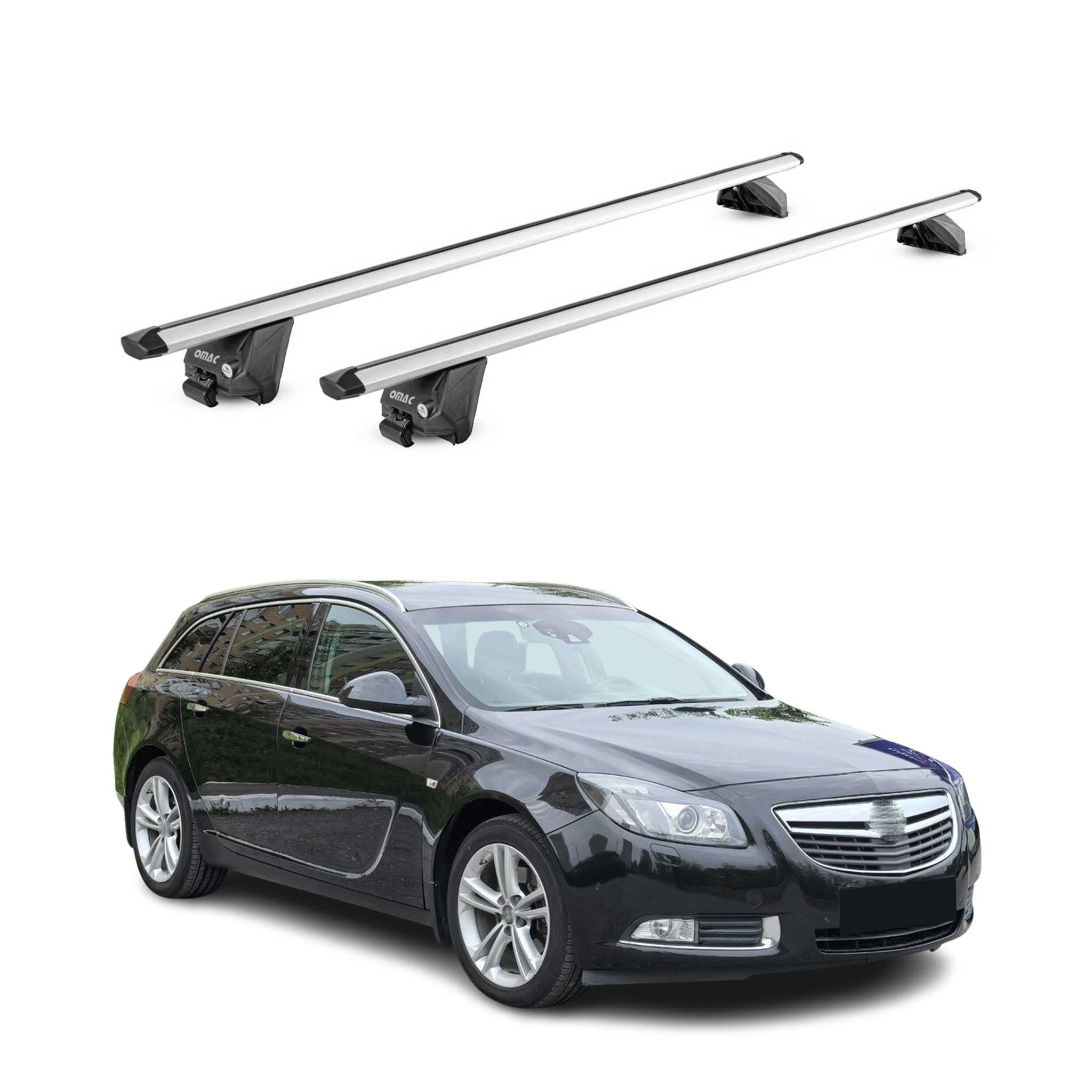 OMAC Barras de Techo Aluminio TÜV geprüft para Opel Insignia A B Familiar 2008-2022 – para Barras Integradas – T Nut – MAX 100 kg – 2 Schlösser Plata