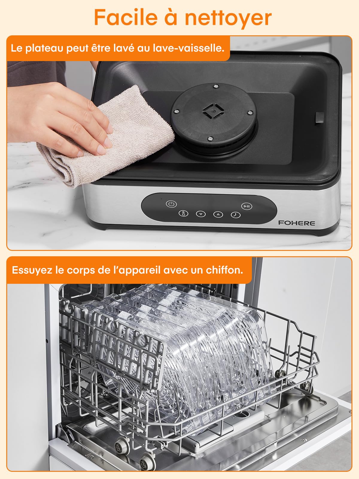 FOHERE Déshydrateur Alimentaire, Déshydrateur en acier inoxydable 420W, 5 Plateaux Réglables en Hauteur, Contrôle de Température de 35 à 70°C et Minuterie de 48 Heures, Pour Fruits, Viande, Sans BPA