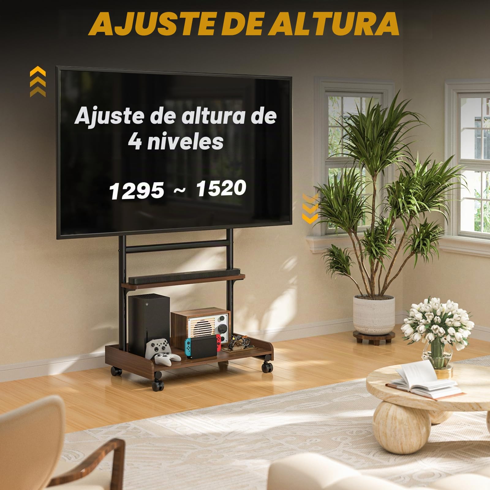 TVON Soporte de TV con Ruedas para 40-86 Pulgadas hasta 68 KG Nogal | Soporte TV Suelo base madera, Soporte TV Pie Altura Ajustable, Amplio almacenamiento, montaje fácil, máx. VESA 600 x 400 mm