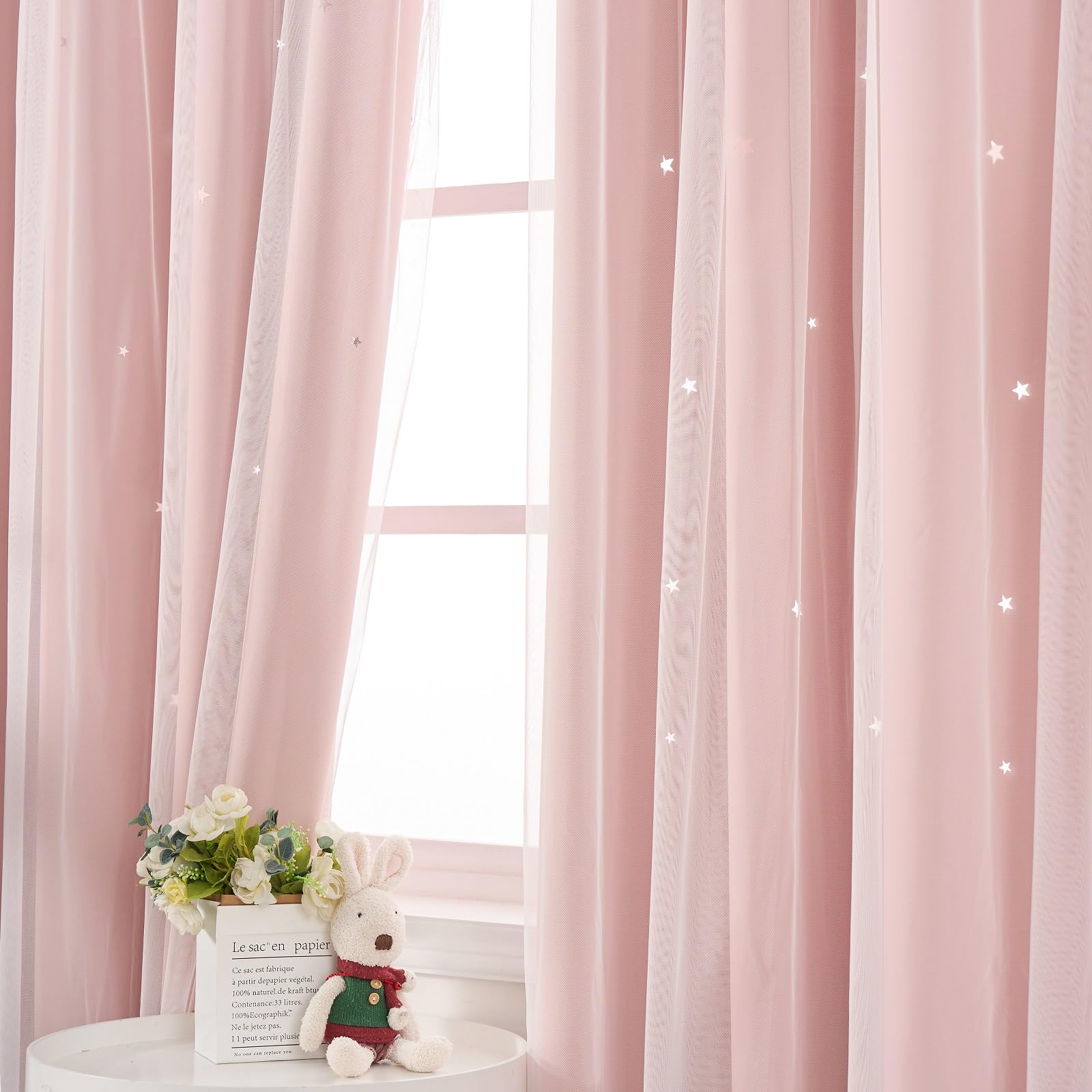 Light Pink Blackout Curtains for Girls Room 84 Inches Long Cute Star Cutout