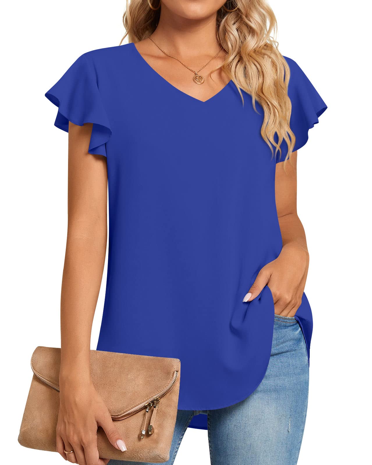TAOHUADAO Women Summer Tops V Neck Ruffle Short Sleeve T-Shirts Chiffon Blouses