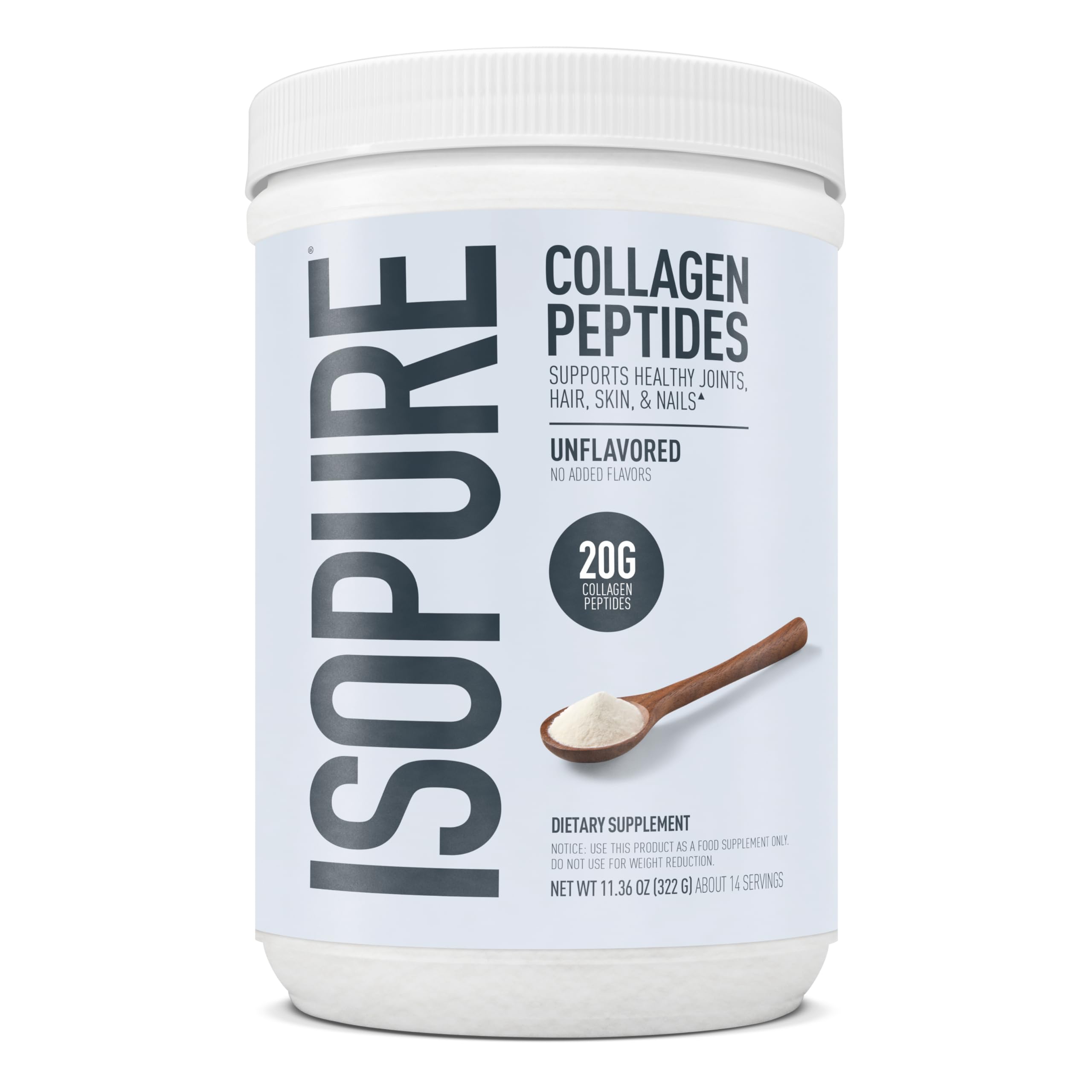 Isopure Collagen Peptides Powder, Promotes Hair, Nail, Skin and Joint Health, with Vitamin C and Biotin, Unflavored, 20g Collagen Peptides Per Serving, 11.36 Oz, 14 Servings (Packaging May Vary) Unflavored 14 Servings (Pack of 1)