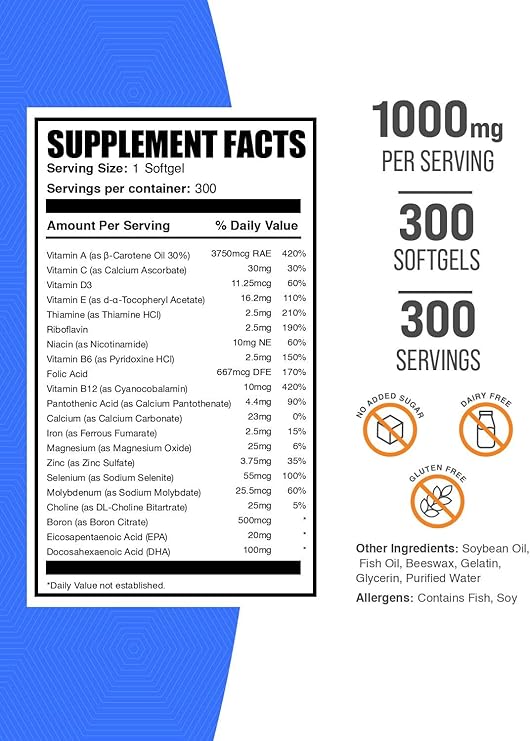Multivitamin for Men Softgels - Daily Multivitamin Supplement, Multimineral for Men with Fish Oil - Gluten Free, 1 Softgel per Serving (1000mg), 300 Count (Pack of 1)