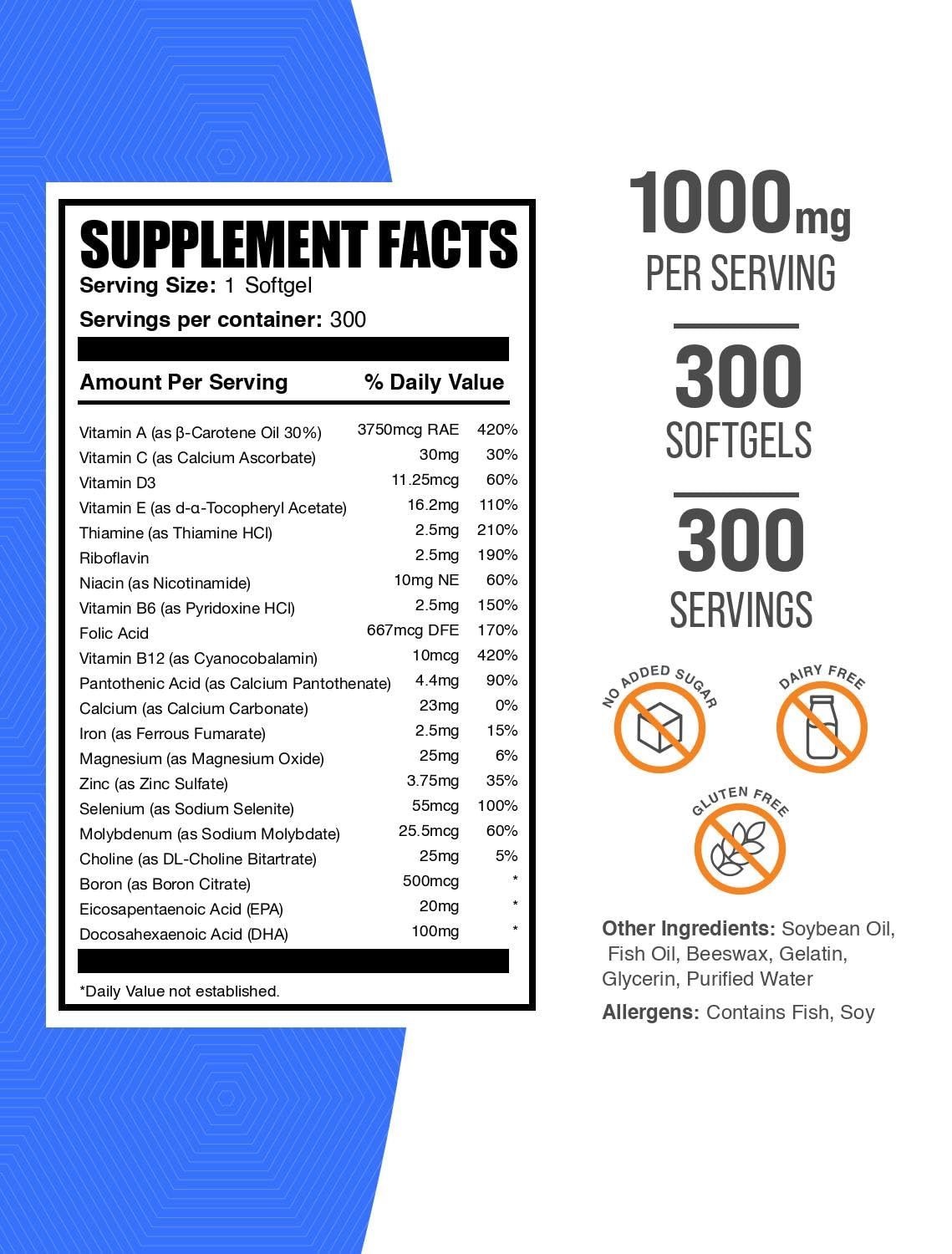 BulkSupplements.com Multivitamin for Men Softgels - Daily Multivitamin Supplement, Multimineral for Men with Fish Oil - Gluten Free, 1 Softgel per Serving (1000mg), 300 Count... - Image 2