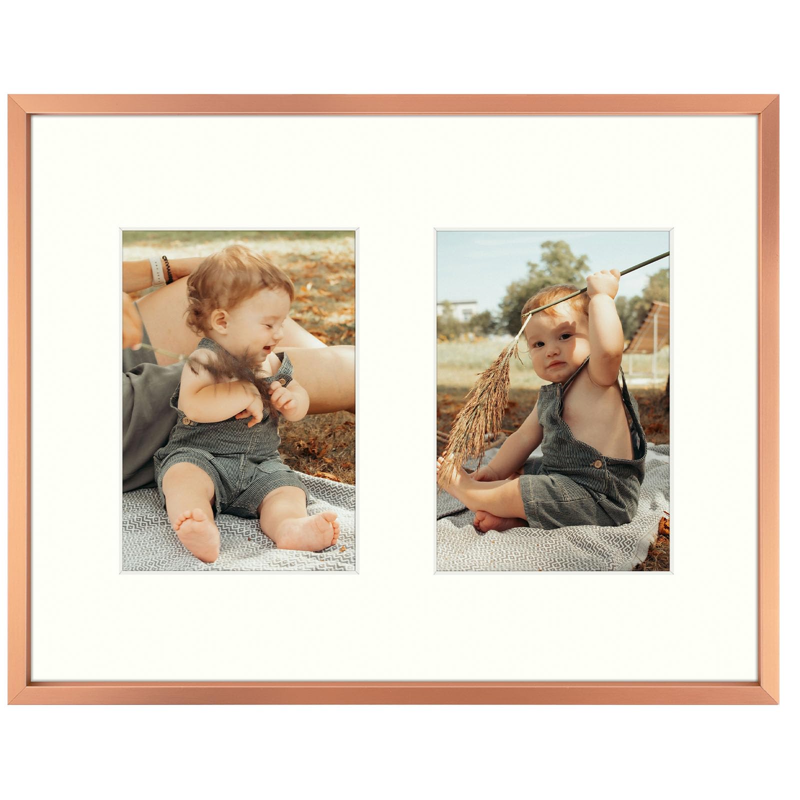Golden State Art, 7x5 Aluminum Collage Frame, Displays 5x7 Pictures With 2 Openings Mat or One 11x14 Photo, Real Glass, Portrait/Landscape Wall Display, Rose Gold, 1 Pack