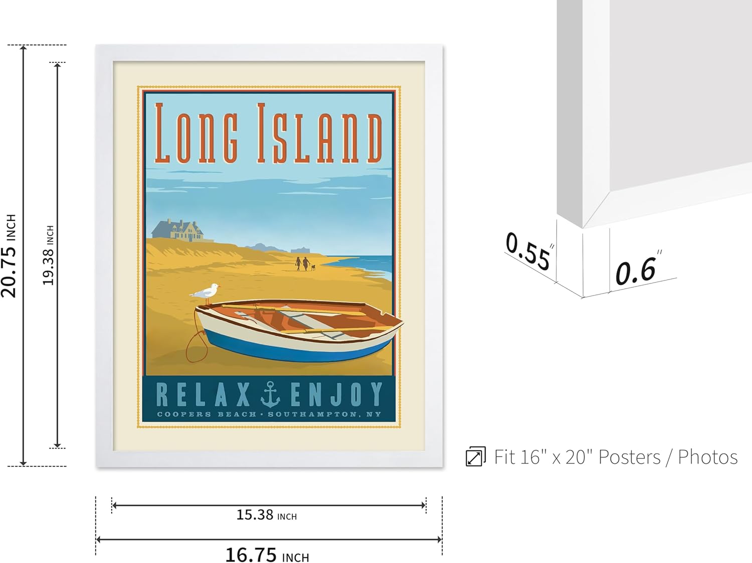 Poster Master Travel Poster - Vintage Long Island New York USA Print - Unique Wall Decor for Home, Living Room, Kitchen, Office, Bedroom, Bathroom - Vintage Travel Poster, 16x20 White Framed