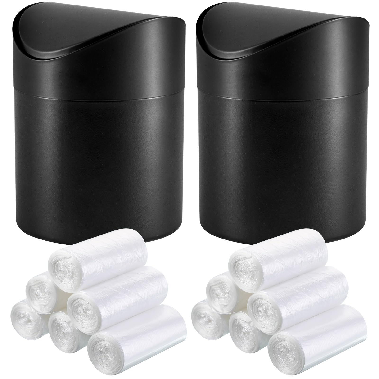 Yiyiring 2 Pcs Desk Trash Can with Swing Lids, 12 Rolls of Trash Bags, 2L Brushed Stainless Steel Countertop Garbage Bin Small Wastebasket with Lid