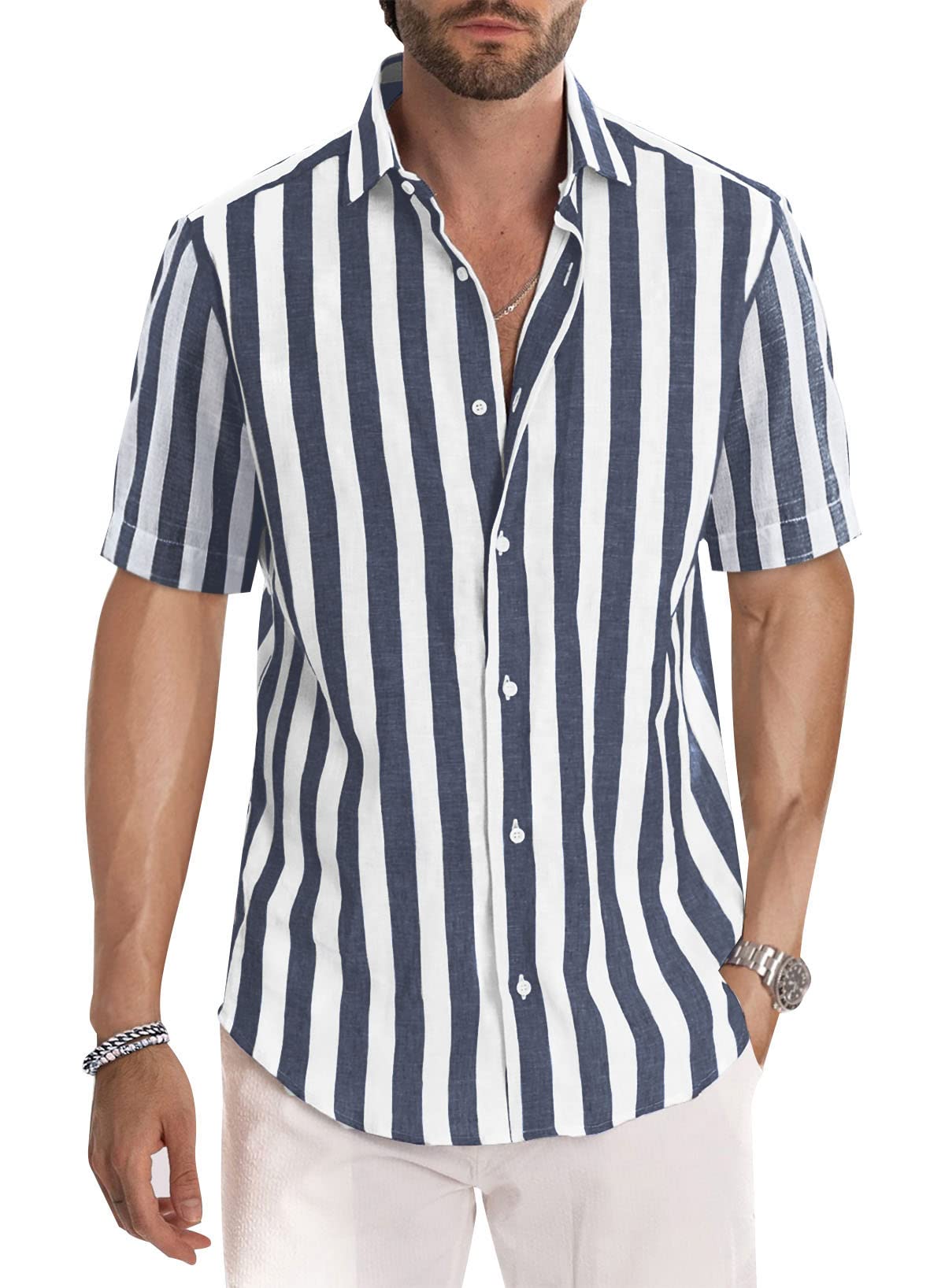 Meilicloth Camisa Rayas Hombre Coton Verano Manga Corta Casual Western con Botones Regular Fit