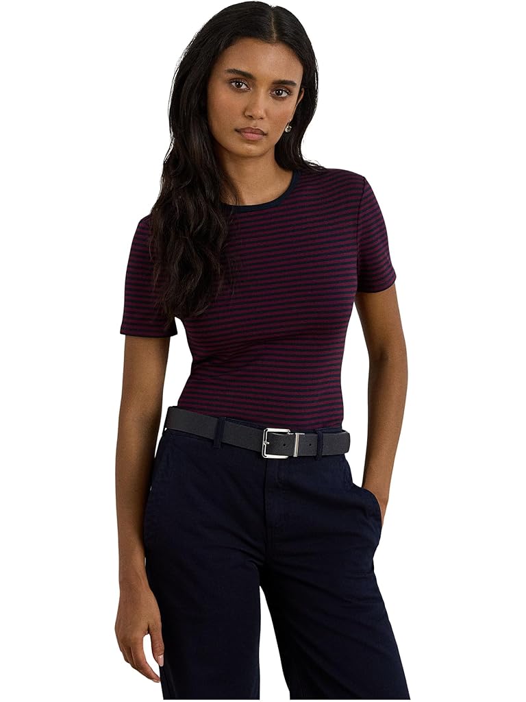 Pink Lauren Ralph Lauren Striped Stretch Cotton Crewneck Tee