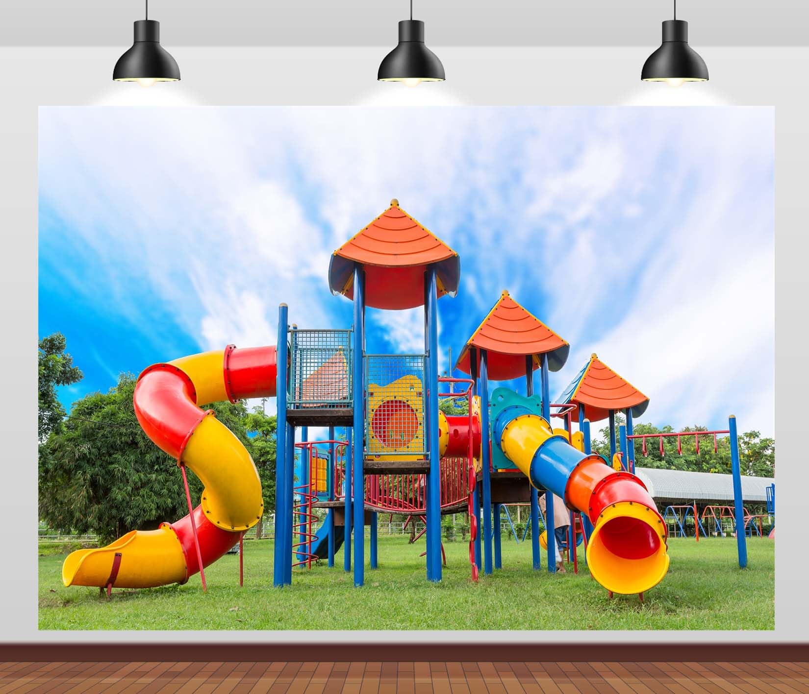 CORFOTO 7x5ft Amusement Park Background Children's Playground Backdrop Slide Playground Green Grass Photography Backdrop Courage Challenge Party Photo