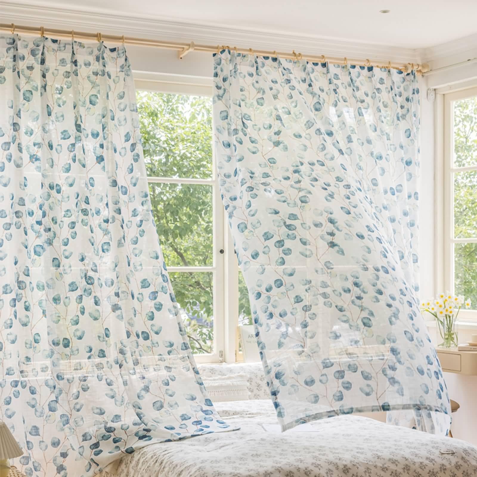 Epinki Vorhänge 2er Set, Voile Gardinen Trnsparent Blatt Zweigstelle Muster Blau Voile Gardinen aus Polyester Haken Fensterschal für Wohnzimmer H244 x B137 cm