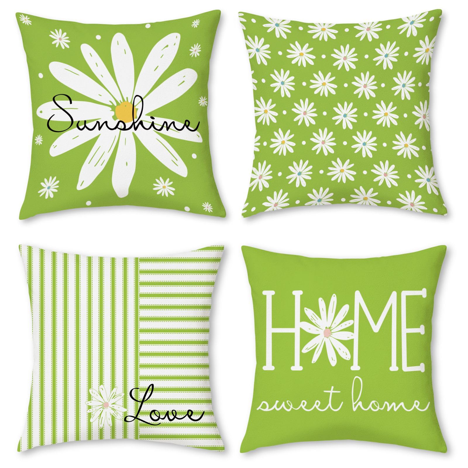 Hopomoon Spring Green Daisy Cushion Covers Set of 4,Floral Daisy Striped Farmhouse Decorative Short Plush Fabric Square Pillowcase for Couch Sofa Indoor Home Decor,45 X 45 cm