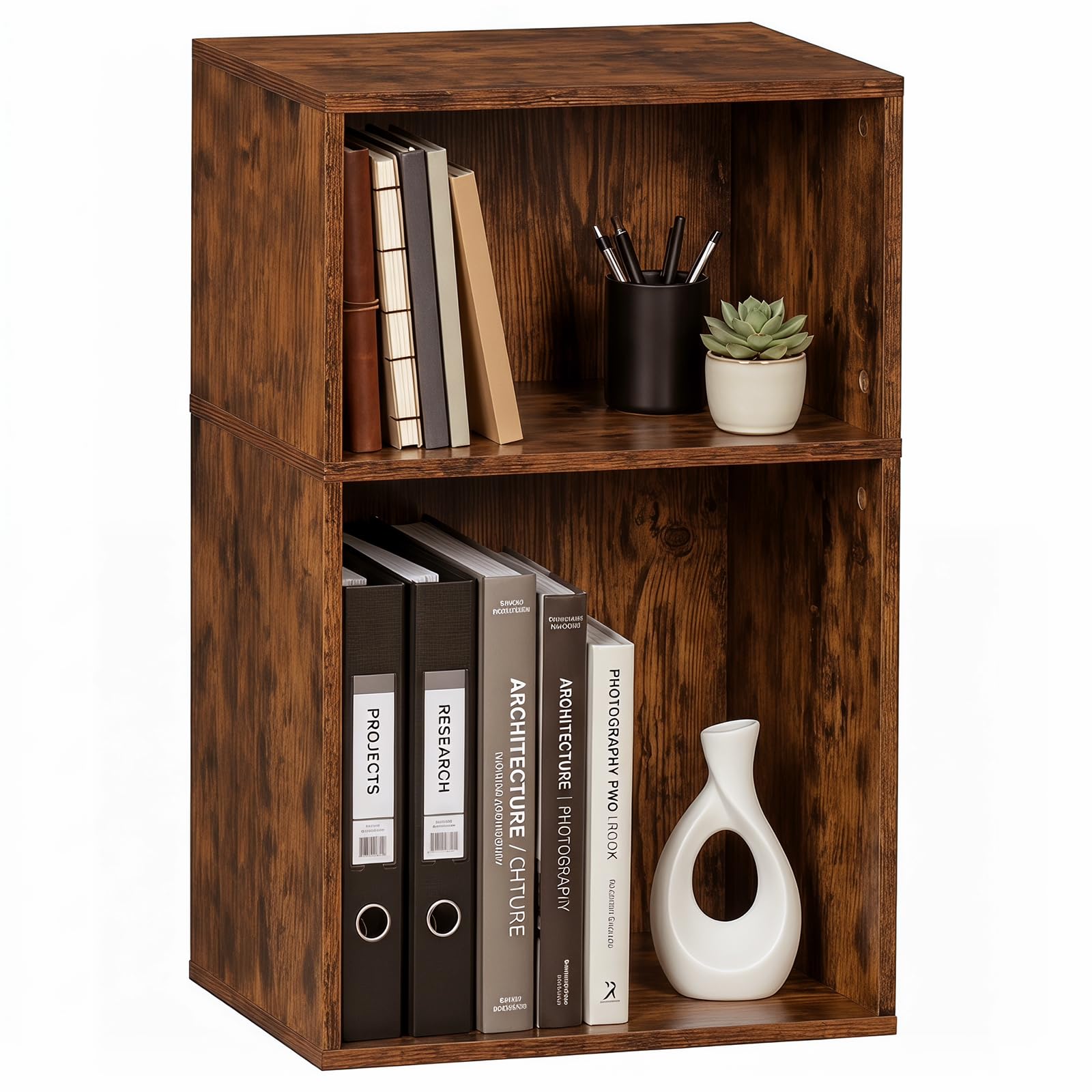 YAHARBO 2 Cube Bookshelf, Brown Record Player Stand with Vinyl Storage Up to 100 Albums, Horizontal Book Shelf, Small Cubby Bookcase with Storage Organizer, Turntable Stand for Living Room, Bedroom