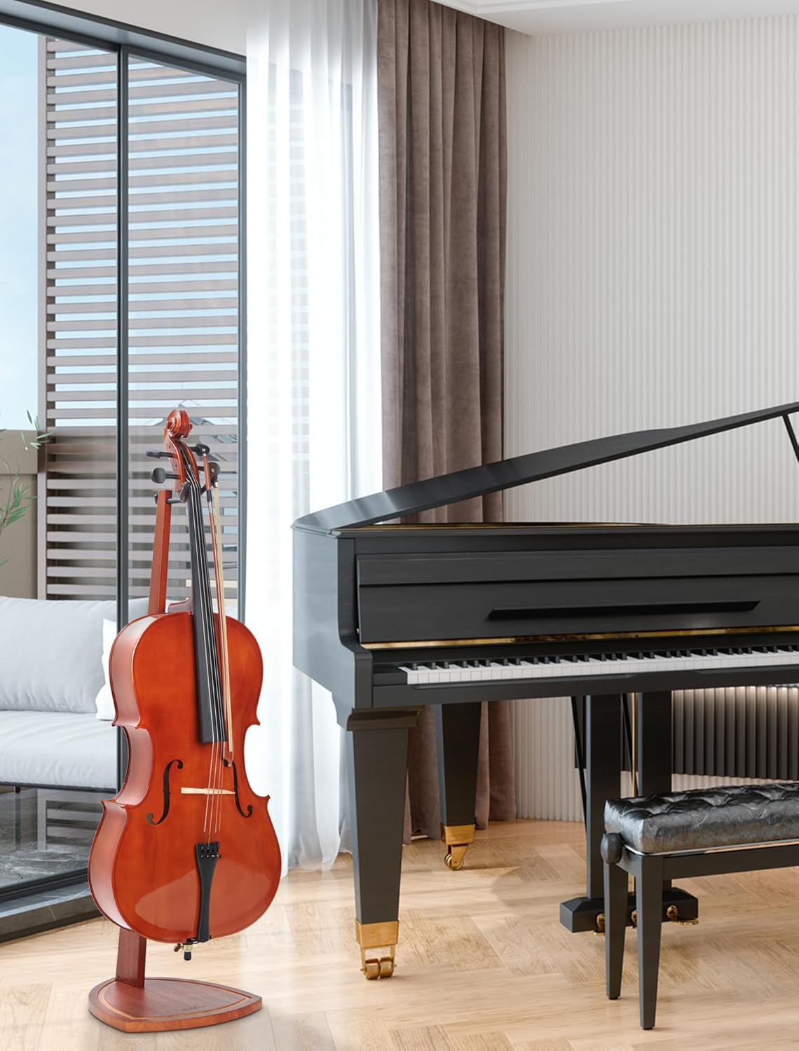 Cello Stand with Bow Holder, Handcrafted Mahogany Wood Floor Stand for 4/4 Full-Size and 1/2, 1/4, 3/4, 1/8, 7/8 Cello Home and Studio Display