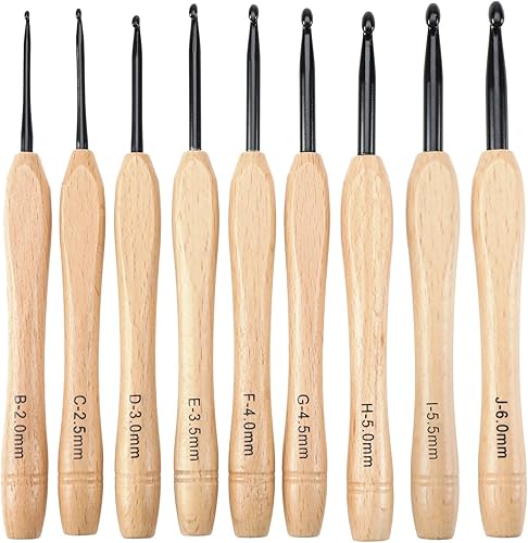 Create idea Juego de 9 ganchos de ganchillo con mango plano ergonómico, agarre de madera para tejer a ganchillo, suministros ligeros de 0.079