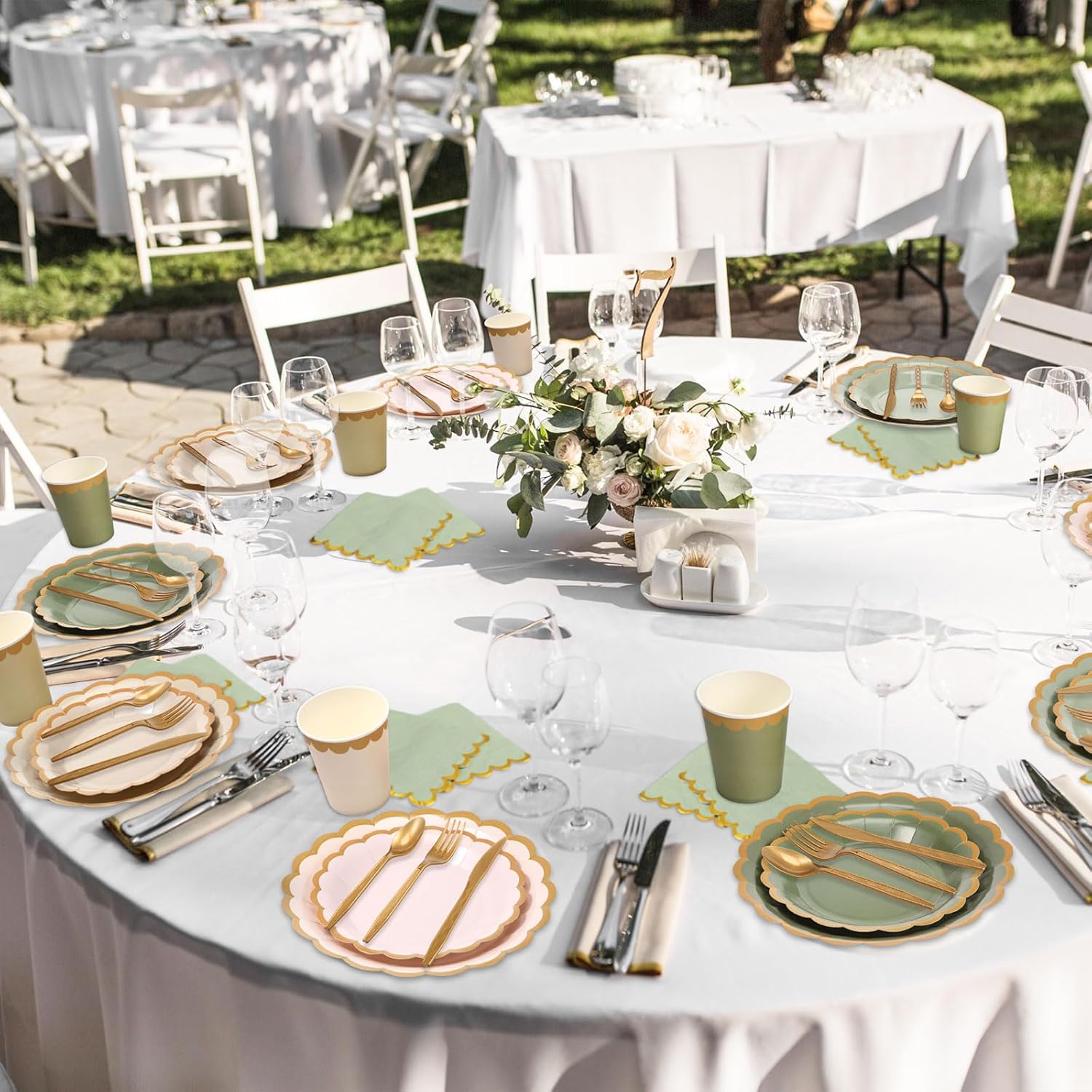 169 Pcs Sage Green Plates and Napkins Party Supplies for Guests Sage Green Tableware Include Scalloped Plates Paper Napkin Cup Spoon Fork Knife for Baby Shower, Wedding, Birthday