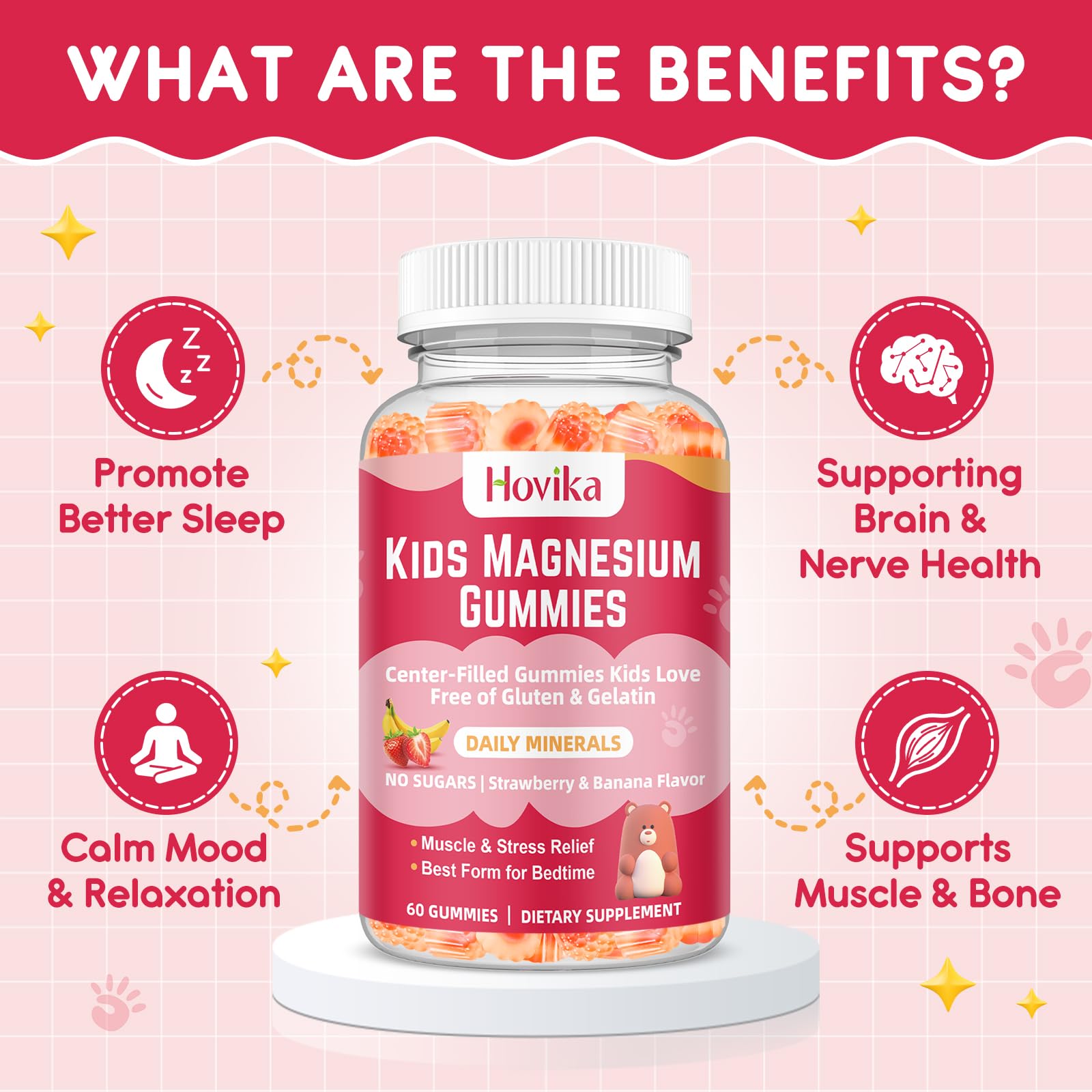 Magnesium Glycinate Gummies for Kids: Calm Magnesium Supplement for Kids & Adults with Zinc Citrate, GABA, Chamomile, Vitamin B6 & C - Sleep, Relaxation & Focus, Strawberry & Banana Flavor 120ct