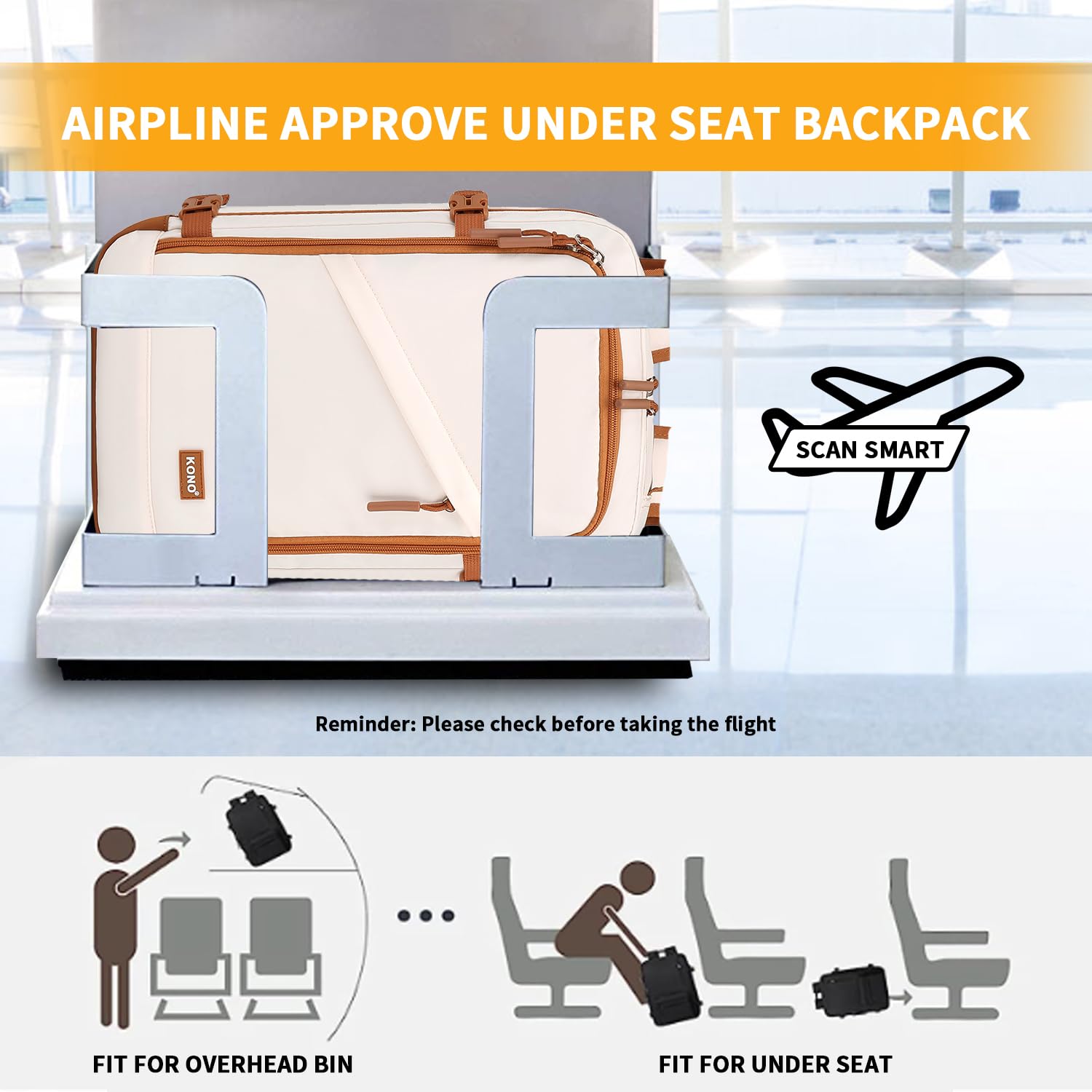 KONO Zaino Ryanair 40x20x25 Zaino da Viaggio per Aereo Bagaglio a Mano per Sotto il Sedile Borsa per Ryanair, Beige/Marrone