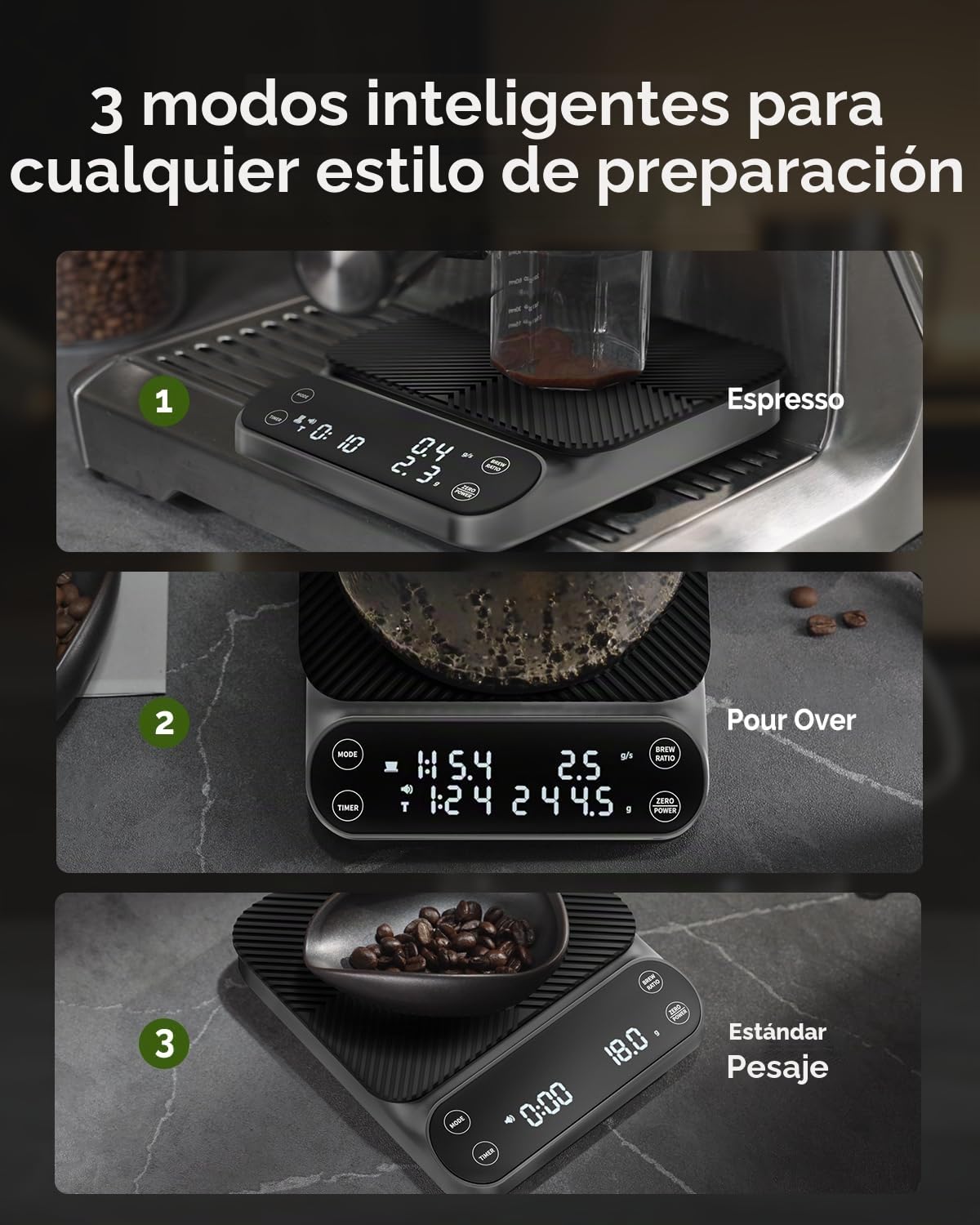 Maestri House S3 Báscula de café con temporizador, 3 kg/0,1 g, recargable, báscula digital de espresso, 3 modos de preparación, proporciones de preparación e indicador de flujo ajustables, para Pour