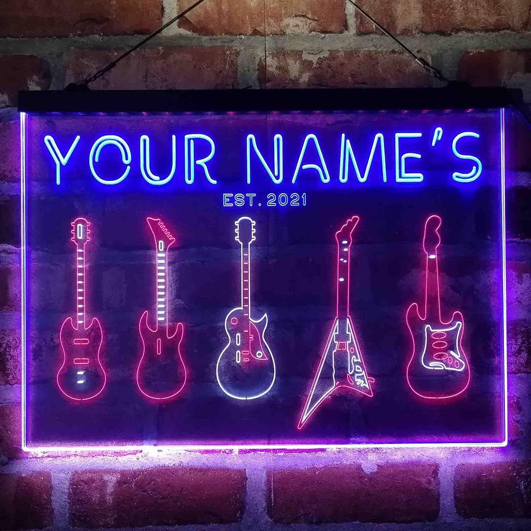 Personalized Guitar Hero Room Tri-Color LED Neon Light Sign Customize Name Date Text Quote Font White & Red & Blue 13 x 8.7 Inches st9s32-qp1-tm-wrb