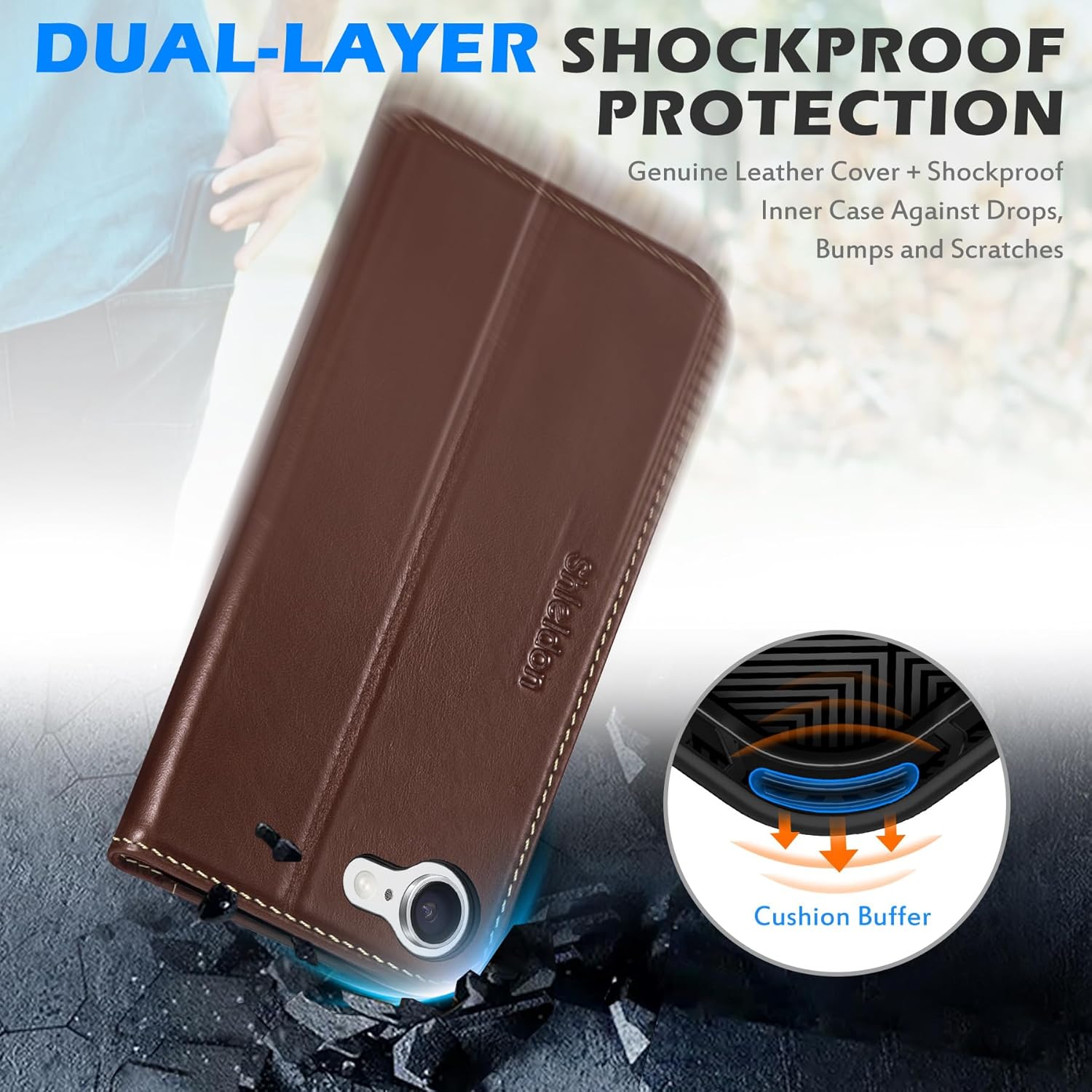 SHIELDON Case for iPhone 16e 6.1", Genuine Leather Wallet Flip Magnetic Closure Cover RFID Blocking Credit Card Holder Kickstand TPU Shockproof Case Compatible with iPhone 16e 5G 2025 - Retro Coffee - Image 6