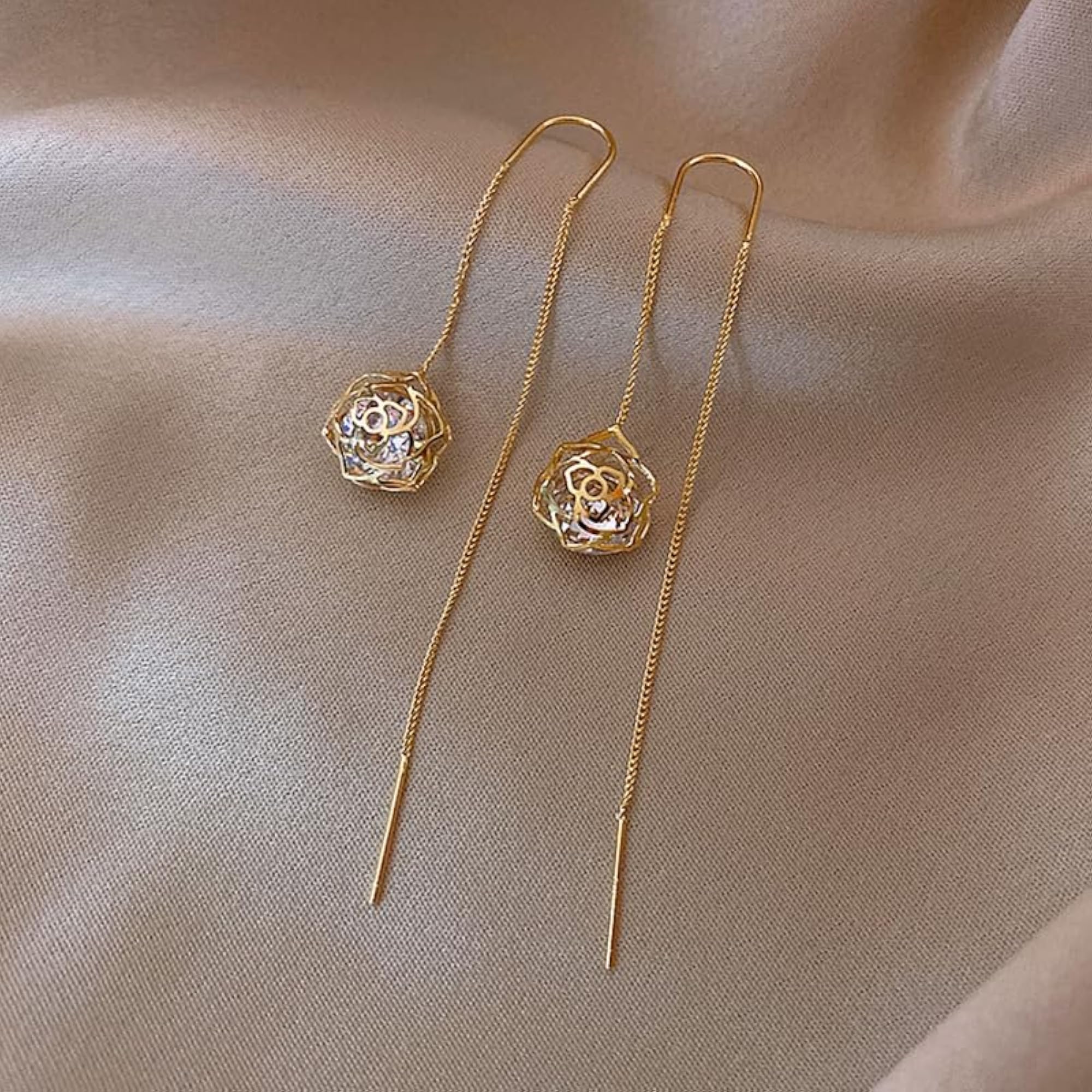 925 Silver Plated Flower Threader Earrings for Women