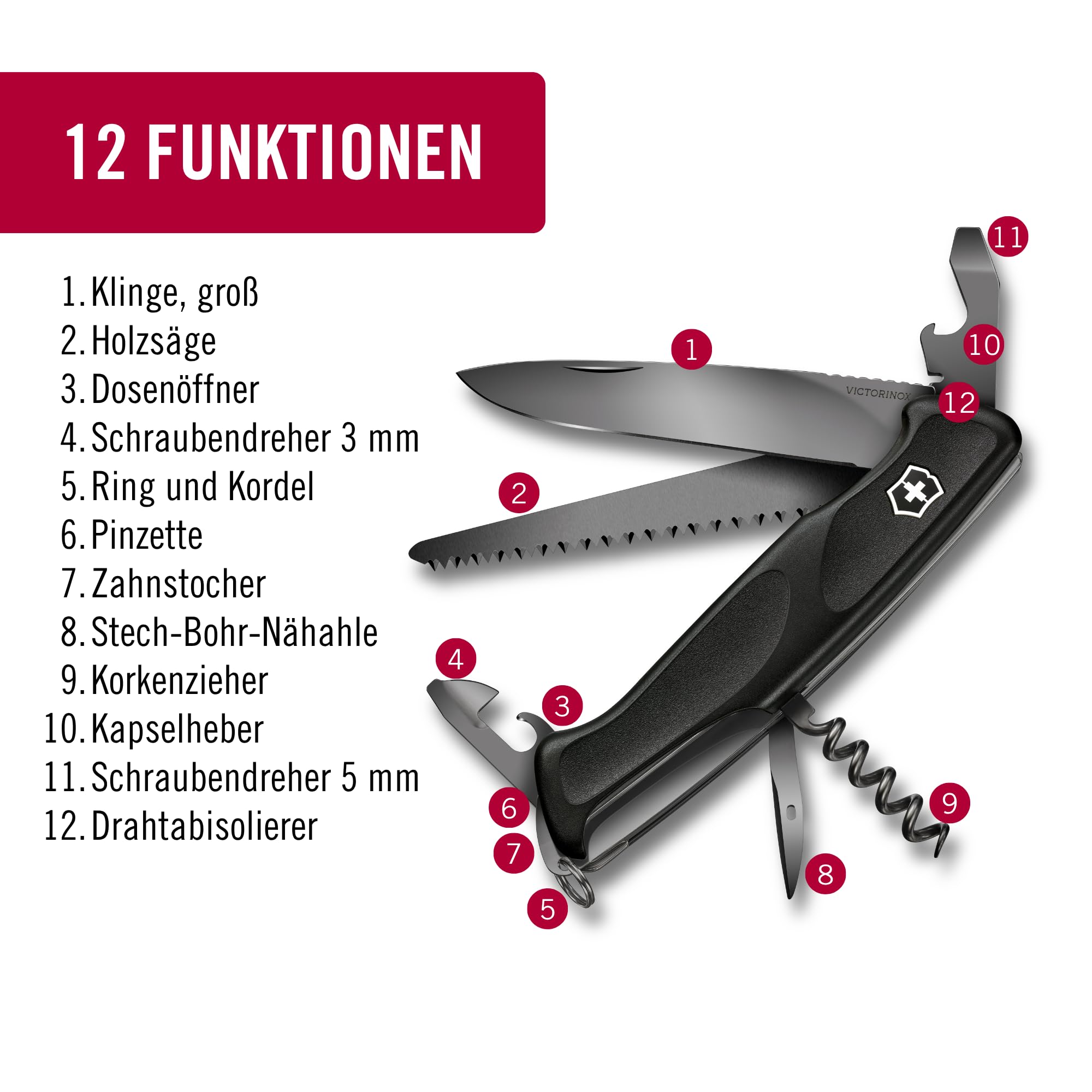 Victorinox Taschenmesser Ranger Grip 55 Onyx Black (12 Funktionen, Festellklinge, Holzsäge), schwarz, 130mm
