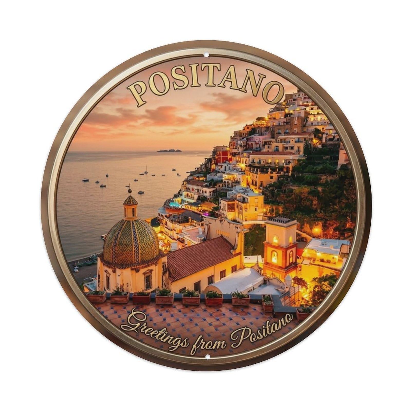 Positano Italy Vista Destination Scenery Landmark City Metal Tin Sign Plaque Wall Decor for Cafe, Man Cave, Club Bar, Office, Home Garden Round Metal Poster 8x8Inch