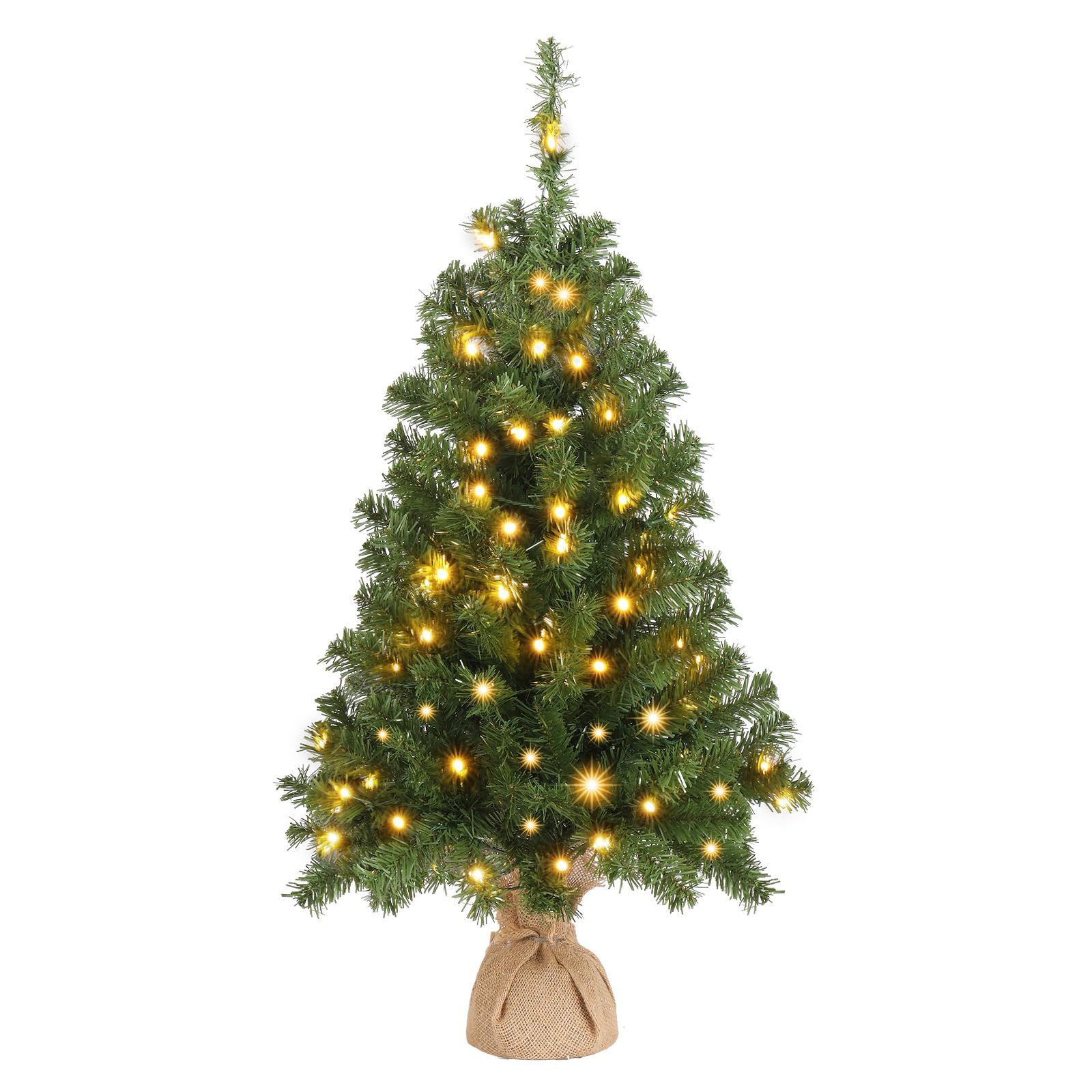 3ft Artificial Mini Christmas Trees with Lights - Tabletop Xmas Tree with Cement Base with 150 Branches & Top Stars - Indoor Holiday Decoration