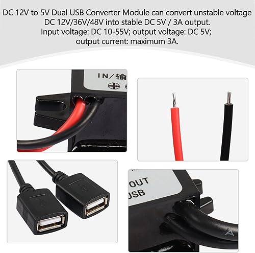 Miniatura 3 de MEIRIYFA Convertidor USB de 12 V a 5 V Módulo DC Buck 12V 36V 48V Convertir a 5V Dual USB Hembra 10-55V a 5V 3A 15W Adaptador DC a DC Regulador