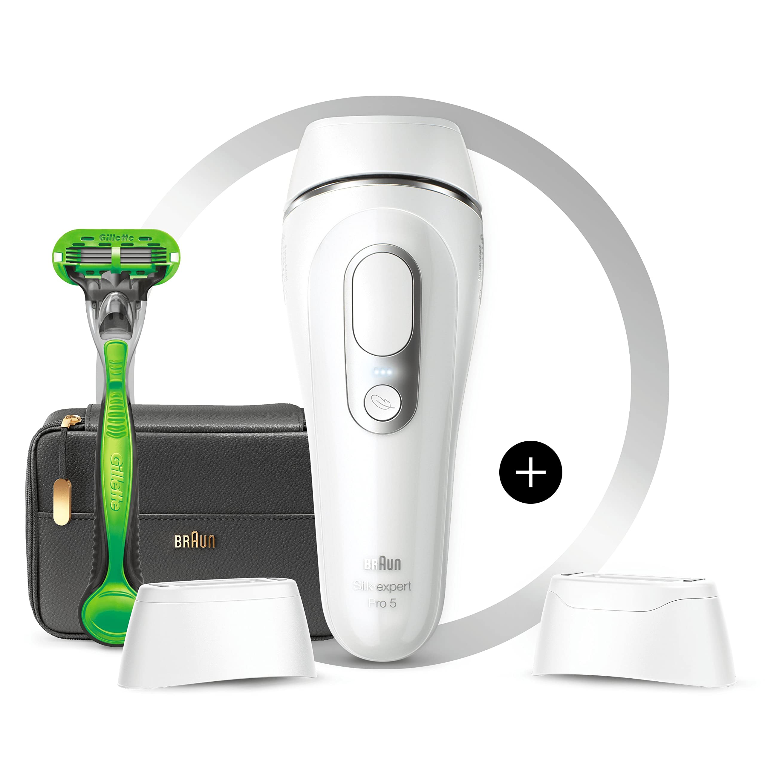 Braun Silk·expert Pro 5 PL5145 - épilateur à lumière pulsée, épilation semi-définitive à la maison, Blanc/Argent, Avec Pochette, Tête Large Et Rasoir Gillette Body