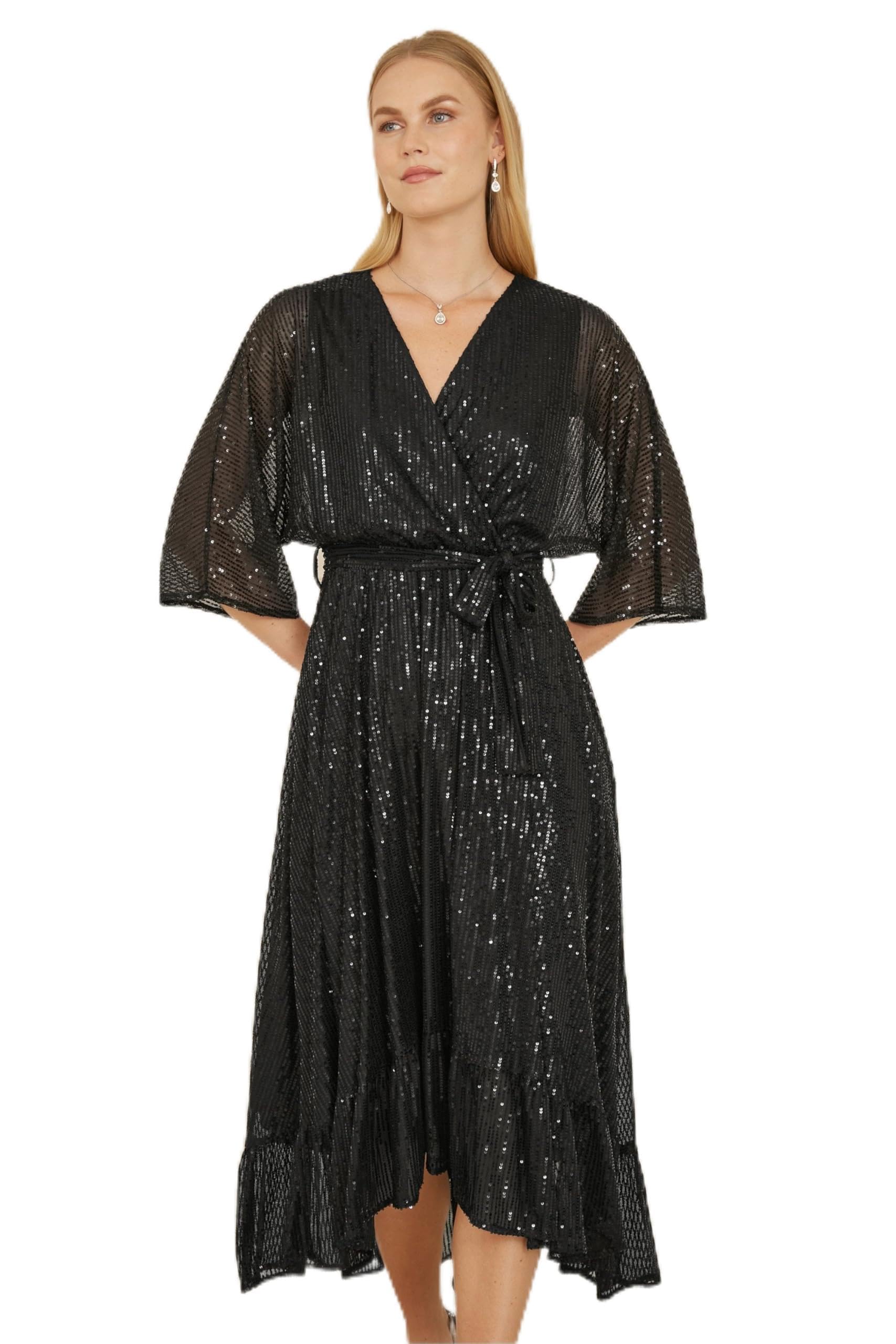 Yumi Black Sequin Kimono Midi Wrap Dress (UK, Numeric, 14, Regular, Regular, Black)