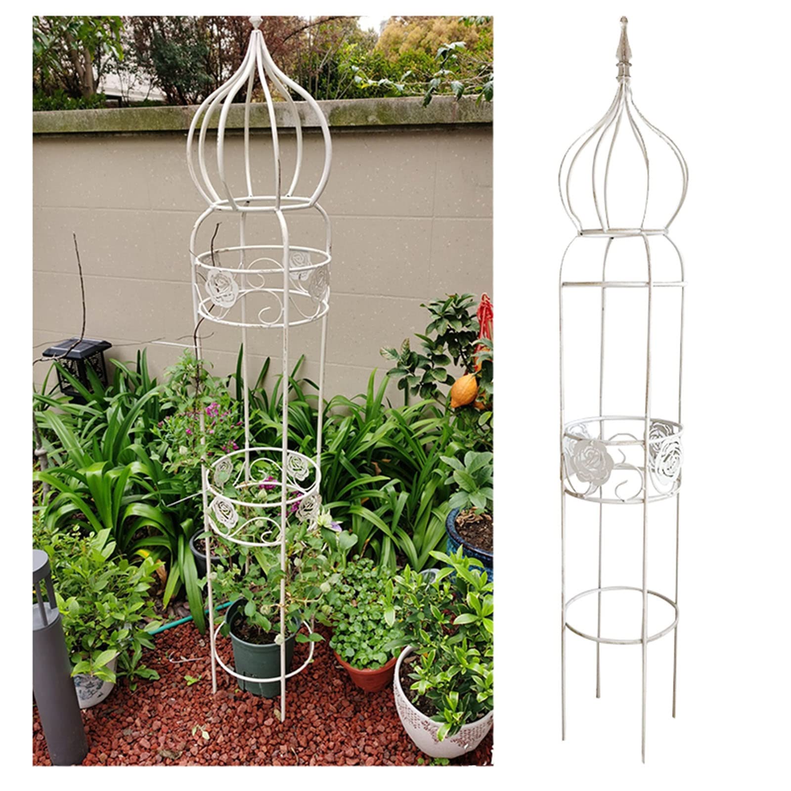 Treillis obélisque de 180 cm blanc vintage pour plantes grimpantes et roses de jardin