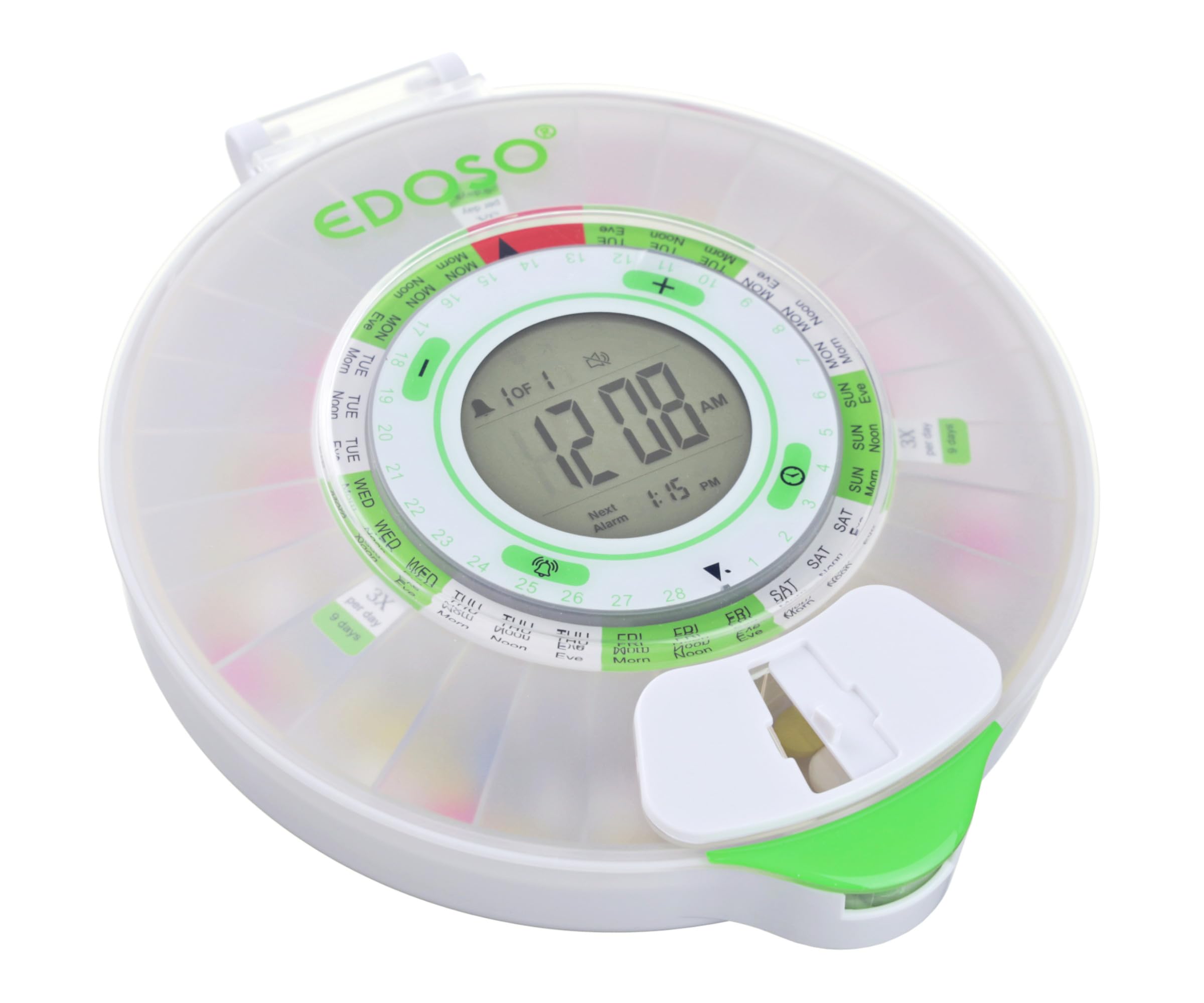 Pastillero electrónico inteligente automático con alarma | Modelo 2021 | 9 alarmas al día | Pantalla grande y botones | Anillos franceses | 2 cierres seguros (Mate)