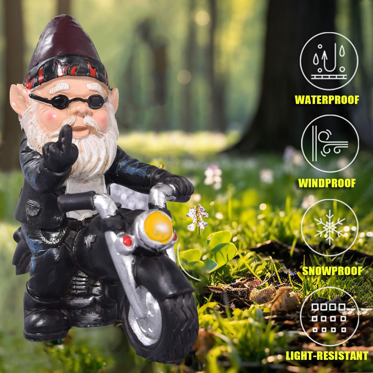Ozdoby Ogrodowe Krasnale, Ozdoby Ogrodowe Skrzaty Motocykliści, zabawny krasnal ogrodowy, dekoracja do tarasu balkonu, stary człowiek z motocyklem, ozdoba z żywicy do domu i biura