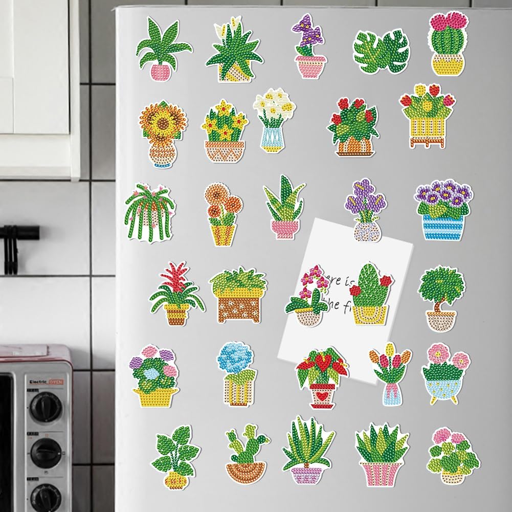 30Pcs Diamond Art Painting Kits, Plants Diamond Fridge Magnet for Adults 5D Rhinestones Refrigerator Magnetic Stickers for Fridge DIY Crafts Gifts