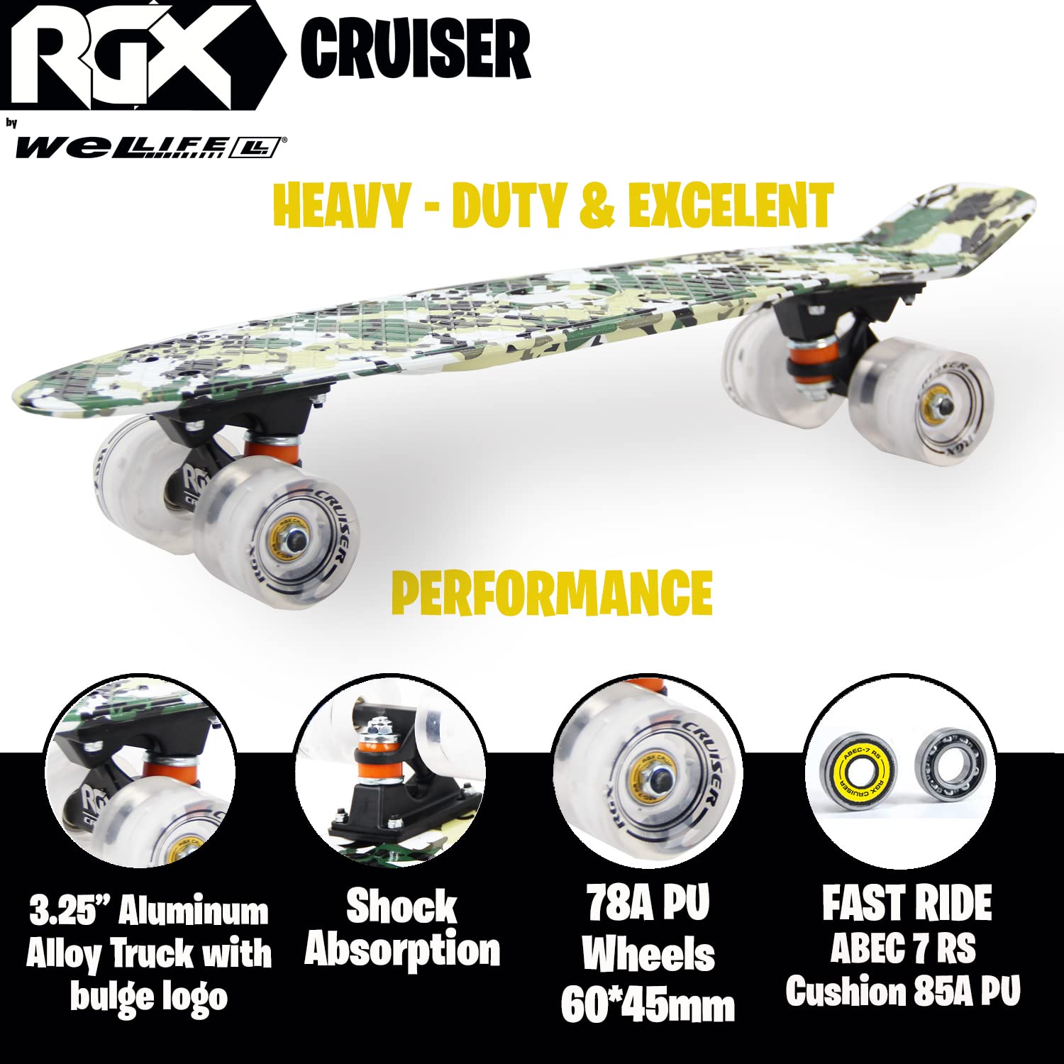 WeLLIFE Skateboard Mini Cruiser RGX Skate Planche 22" 56cm pour Jeunes Garçons Adultes, Roues Lumineuses PU 78A avec Feux Flash LED Roulements ABEC-7RS…
