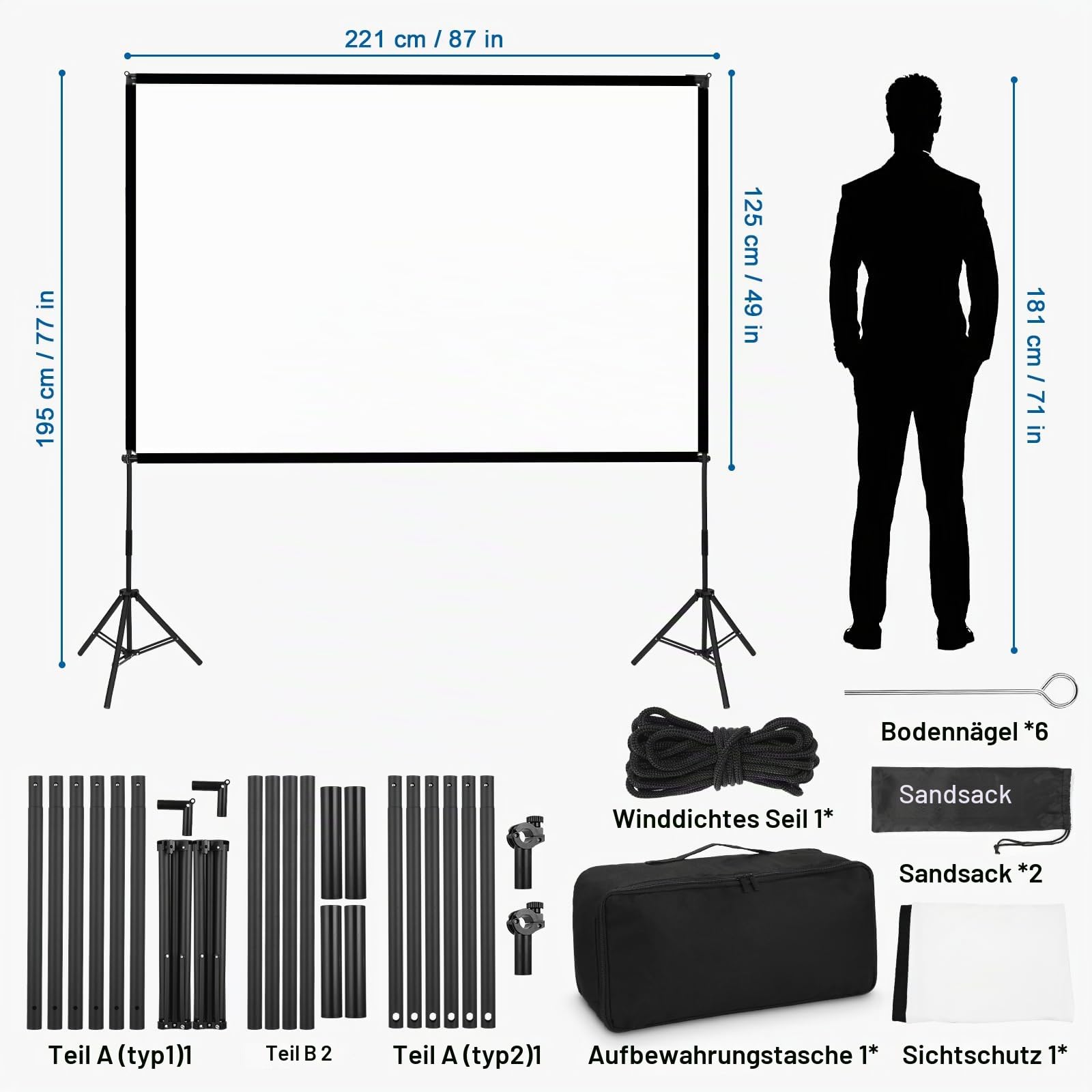 Beamer Leinwand mit Stativ 100 Zoll, 16:9 HD faltfrei für Garten & Camping