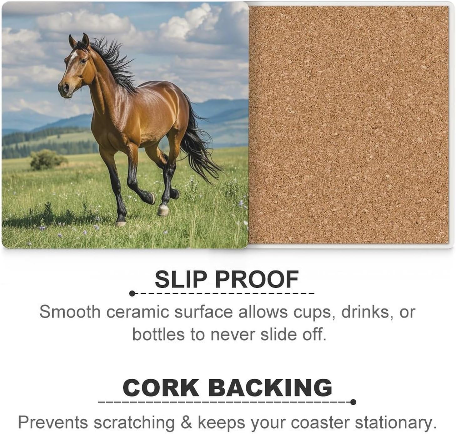 Horse Running in Field Coasters Absorbent Ceramic Coasters for Drinks Coaster with Cork Backing for Table Protection Square Drink Cup Mat Modern Style Coaster for Coffee Table