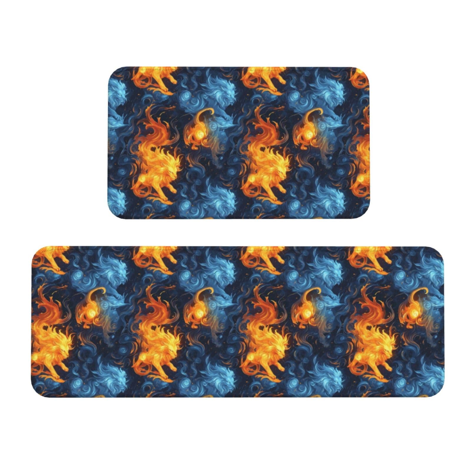 GVYGVY Antifatigue Kitchen Mats for Floor 2 Piece - Red and Blue Fire Lion Print Kitchen Rugs Washable, Non Slip Runner Rug Standing Mat for Office/Bathroom/Laundry/Home Decor and Accessories