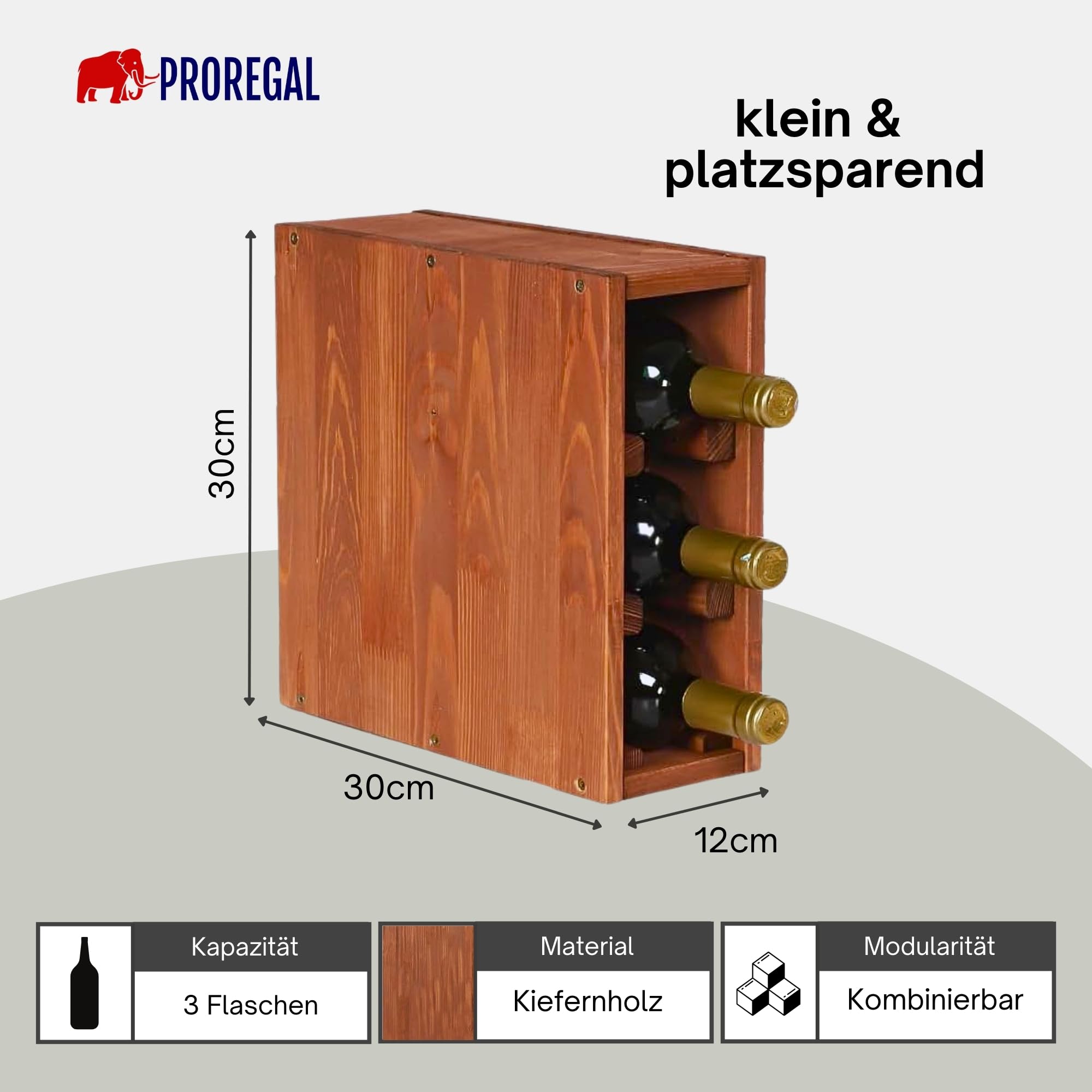 PROREGAL Modulares Weinregal VINCELLAR MOD | HxBxT 30x12x30cm | Schmal Modul für 3 Flaschen | Massives Kiefernholz | Braun geölt | Weinhalter Weinständer Flaschenständer Flaschenregal Holzregal